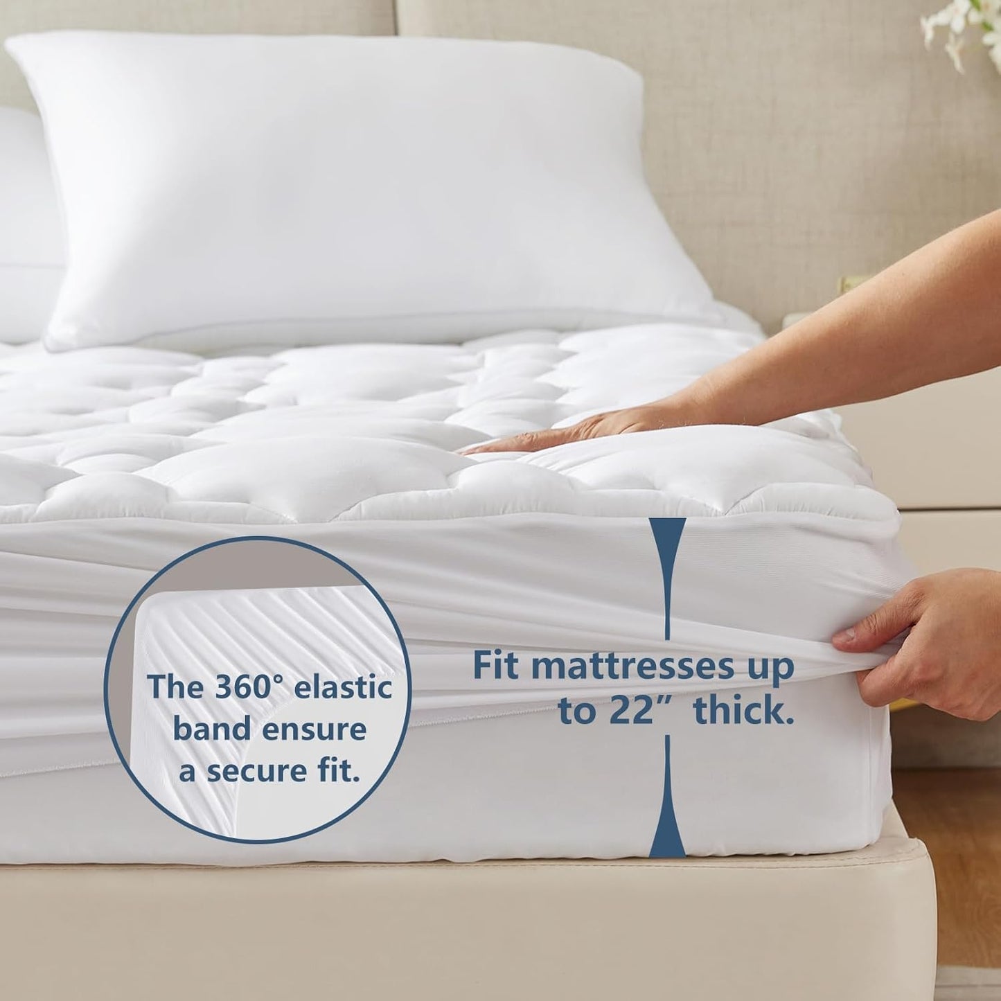 Queen Mattress Pad Cotton Mattress Cover Quilted Fitted Mattress Protector & Pillows Queen Size Set of 2, Hotel Quality Bed Pillows for Sleeping 2 Pack