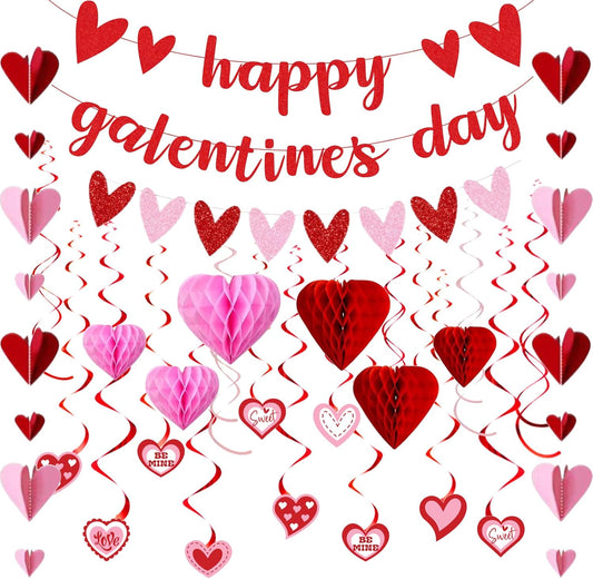 Galentines Day Decorations for Party, Happy Galentine’S Day Heart Banner Garland, Galentines Day Party Supplies with Hanging Streamers Heart Honeycombs Swirls for Girls Ladies Celebration