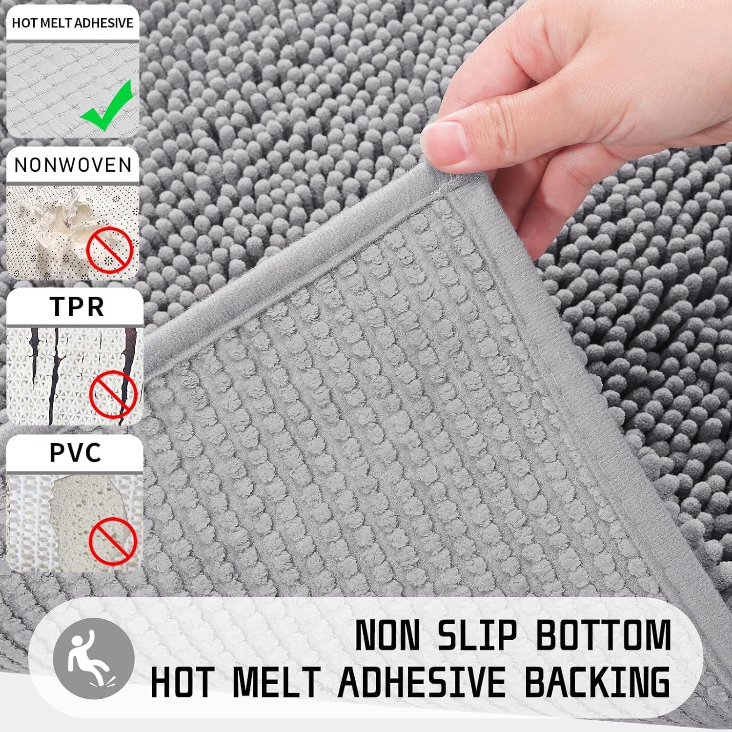 Chenille Bathroom Rugs - 24"X17" Super Luxury Soft & Absorbent Quick Dry - Non Slip Bath Mat for Tub Shower - Machine Washable - Gray