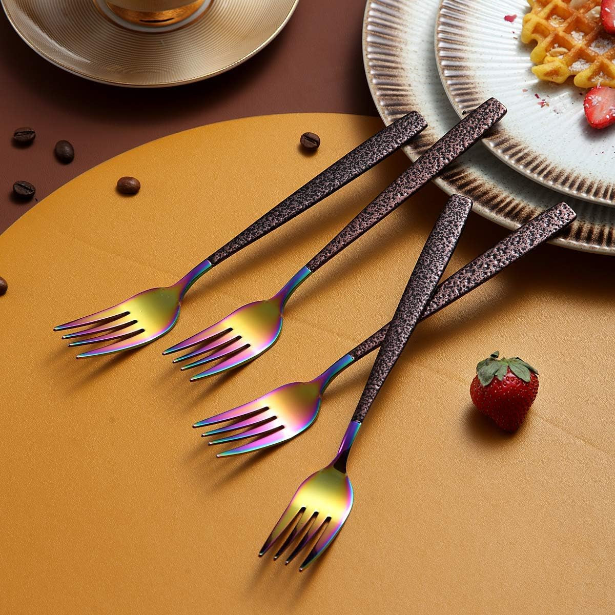 Set of 4 Stainless Steel Dinner Forks with Moon Surface Handle and Rainbow Finish, Dishwasher Safe Silverware