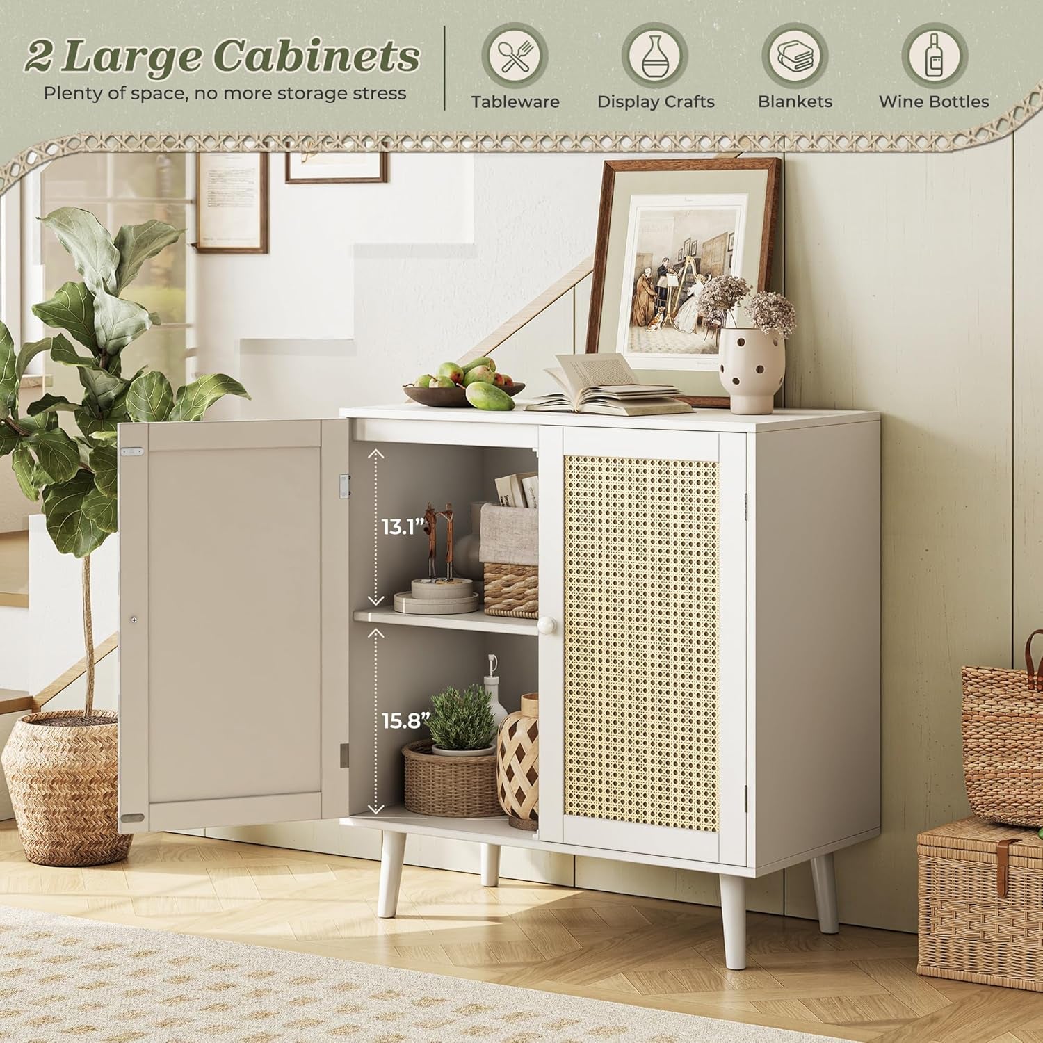 Buffet Cabinet with Storage and PE Rattan Decorative Doors, Featuring Solid Wood Legs for Hallway, Entryway, and Living Room - White Finish
