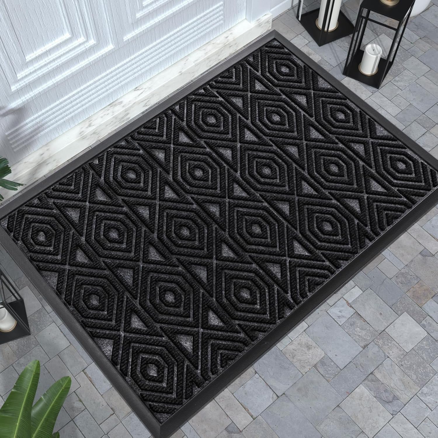 Front Door Mat outside Entrance, Heavy Outdoor Indoor Natural Rubber Welcome Mat, Non Slip, Stain & Fade Resistant, Low Profile, Easy Clean Patio Floor Mat, Waterproof, 29.5 X 17, Black