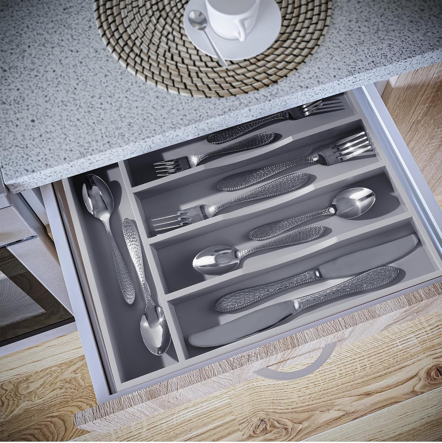 Gray Silverware Organizer 10 in Utensil Organizer Silverware Tray for Drawer Cutlery Flatware Organizer for Kitchen Bamboo Wood