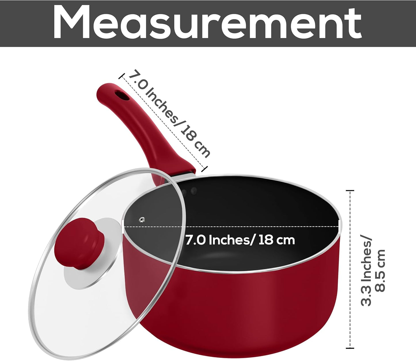 Detachable Handle Nonstick Saucepan with Glass Lid, Multipurpose Use for Home, Kitchen or Restaurant (Red)