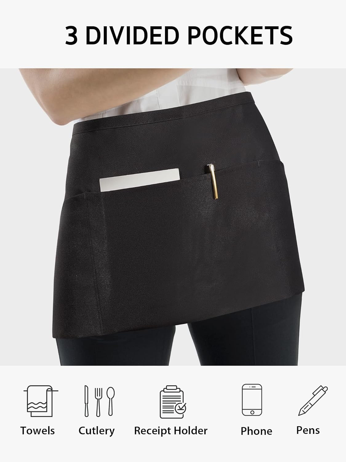 2 Pack Server Aprons with 3 Pockets, Waterdrop Resistant Waitress Waiter Waist Apron, 11.5-Inch Black