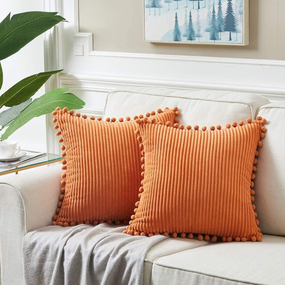 Pack of 2 Corduroy Fall Decorative Throw Pillow Covers with Pom-Poms, Solid Square Cushion Case Pillow Cases Set for Couch Sofa Bedroom Car Living Room (18X18 Inch/45X45 Cm, Orange)