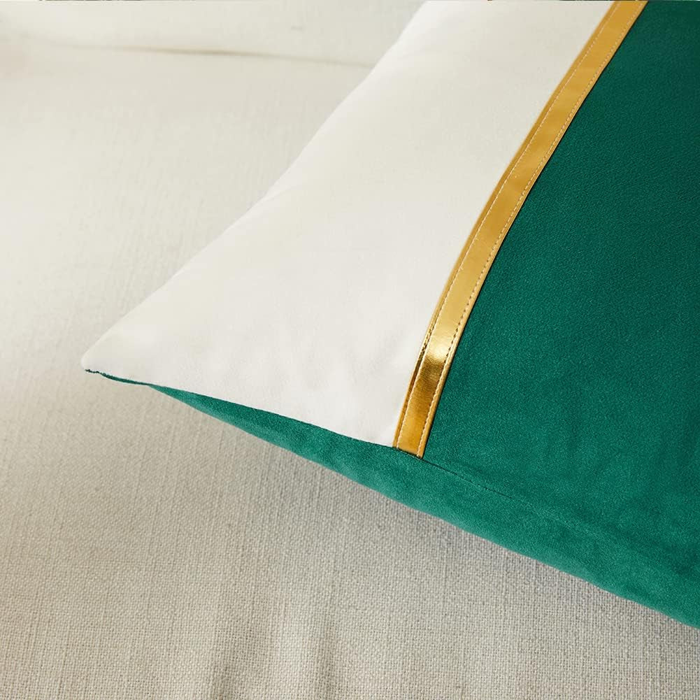 2 Packs Christmas Lumbar Decorative Throw Pillow Covers 12X20 Inch for Living Room Couch Bed, Green and White Velvet Patchwork with Gold Leather, Rectangle Cushion Case 30X50 Cm