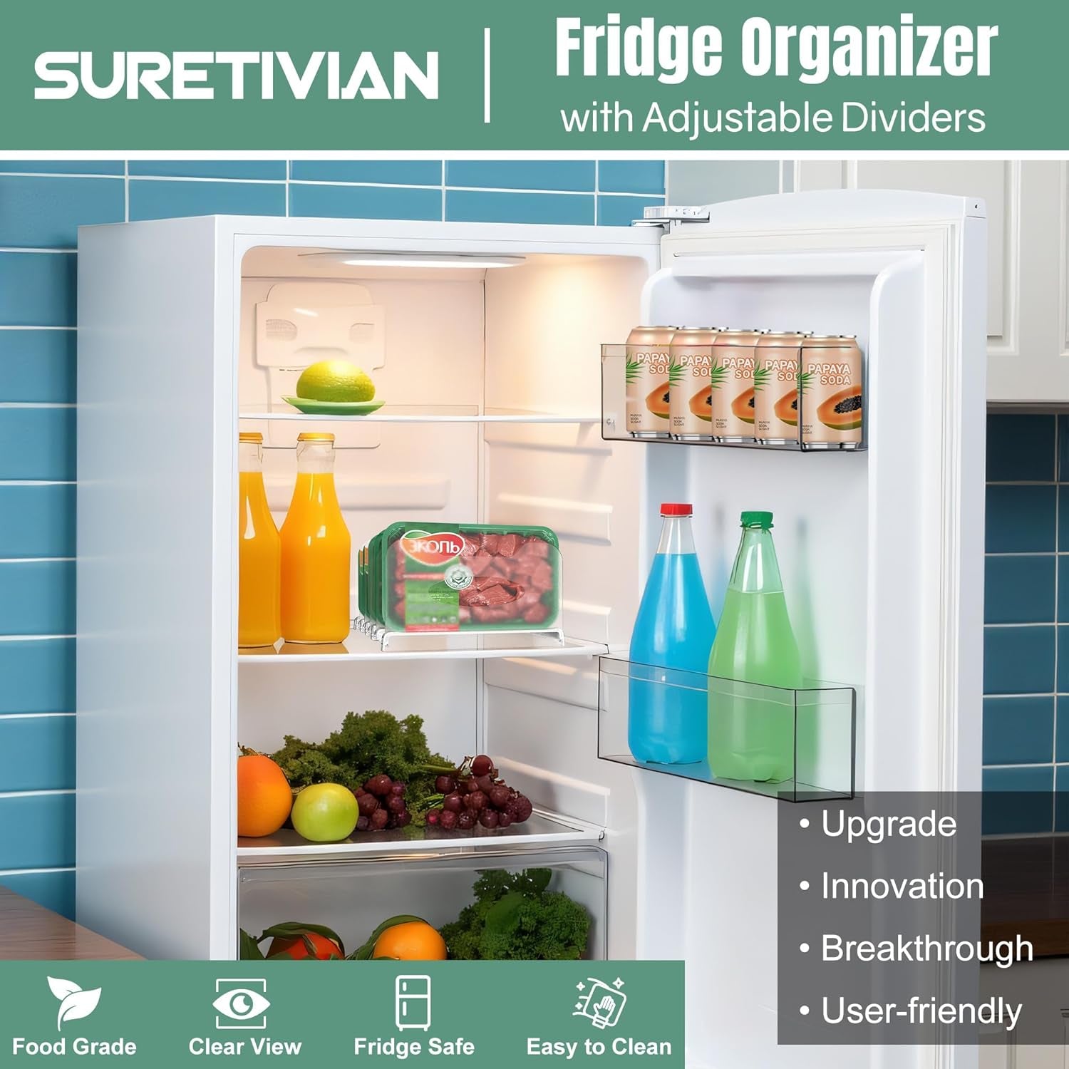 Freezer Organizer 12” Visible Fridge Organizer Rack with Removable Dividers and Handles, Freely Adjustable, Fits Refrigerator Frozen Meals, Lunch Meat Box, Cheeses(White)