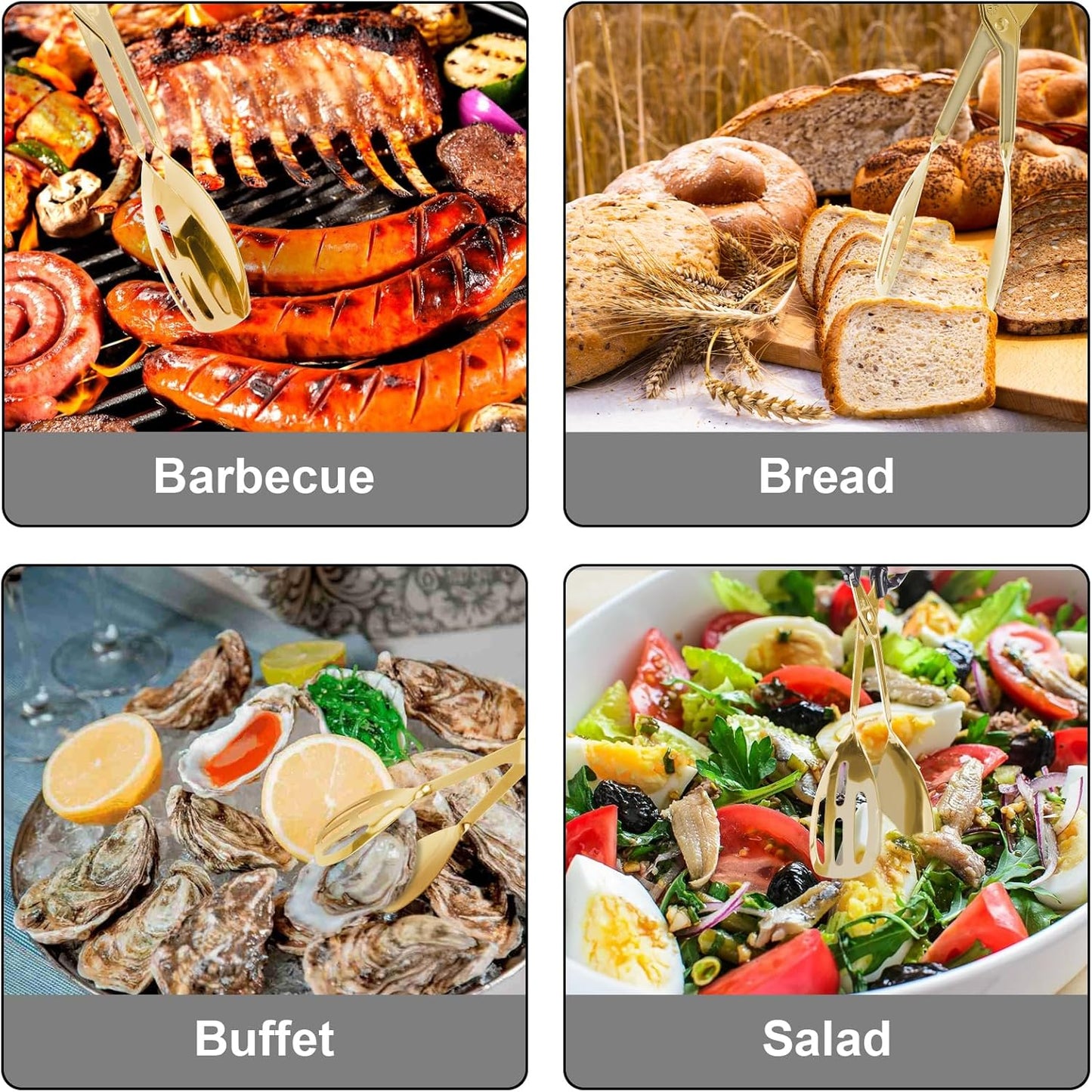 3-Pack Buffet Kitchen Tongs for Serving Food, 10 Inch Gold Stainless Steel Food Scissor Tongs with Non-Slip Handle, Catering Utensil for Bread Salad Cake Steak