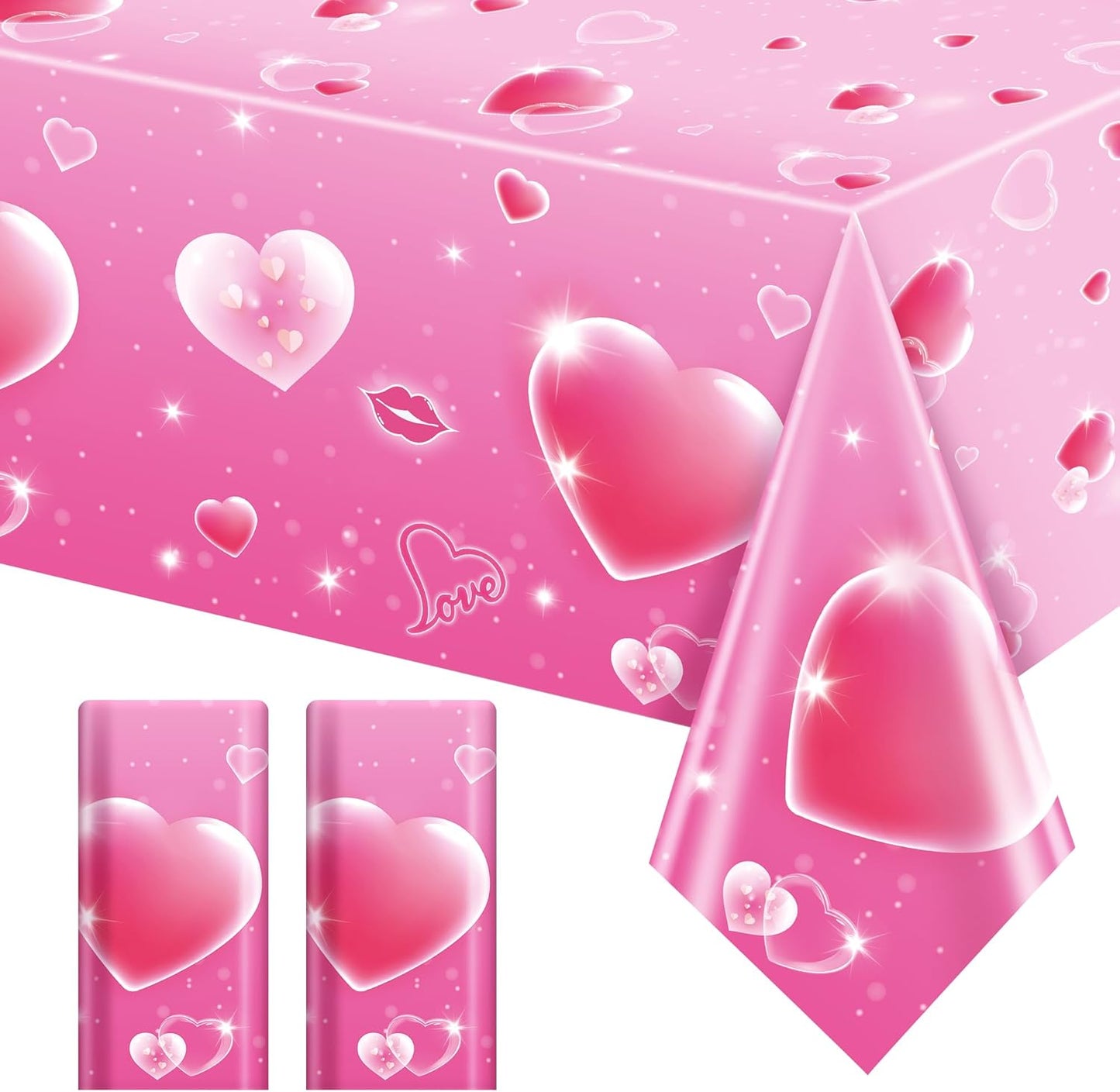 Set of 2 Pink Plastic Tablecloths, 54x108 inches with Dreamy Pink Hearts - Disposable Waterproof Decorations for Galentine's Day, Romantic Weddings, Anniversaries, and Engagements