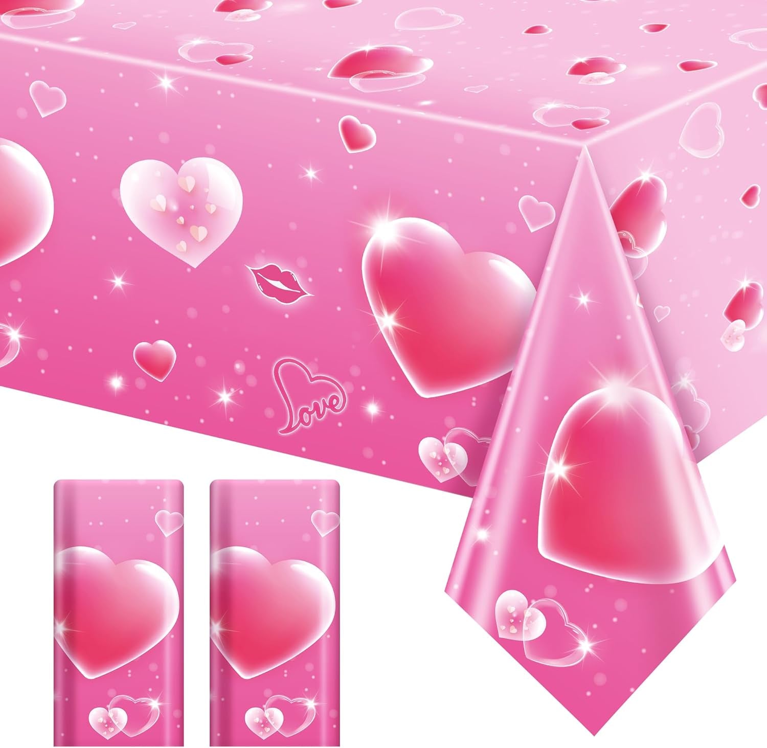 Set of 2 Pink Plastic Tablecloths, 54x108 inches with Dreamy Pink Hearts - Disposable Waterproof Decorations for Galentine's Day, Romantic Weddings, Anniversaries, and Engagements