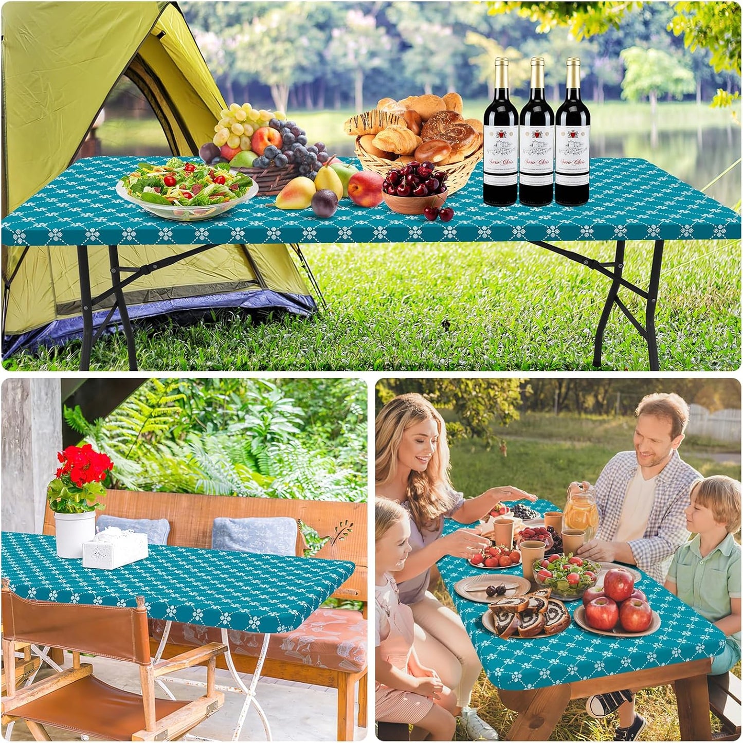 Rectangle Vinyl Table Cloth, Elastic Fitted Tablecloth with Flannel Backing, Waterproof Plastic Table Cover Fits 6 Foot Folding Tables for Camping, Indoor and Outdoor (Teal, 30" X 72")