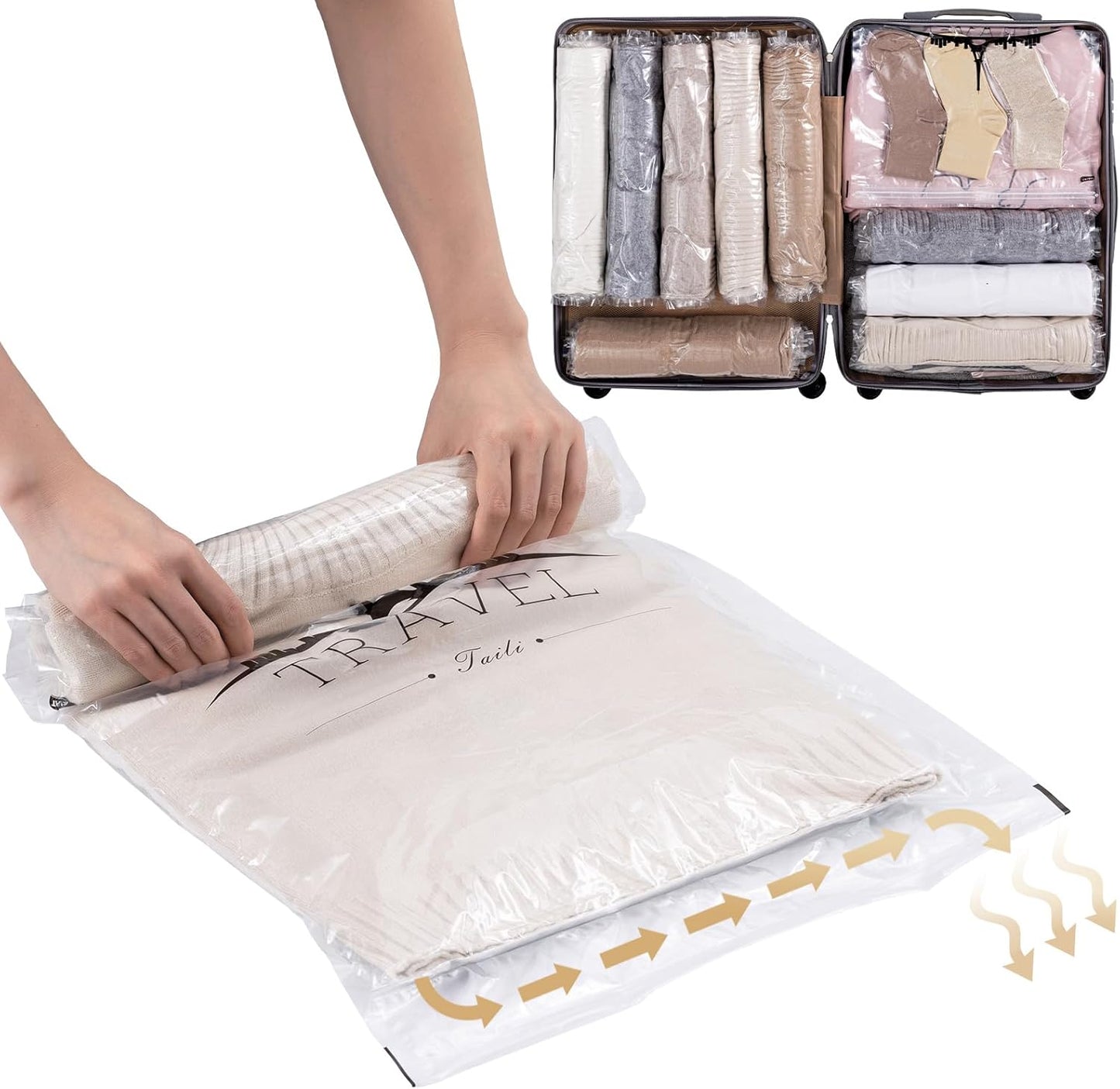 12 Pack Travel Compression Bags, Roll up Space Saver Bags (6 Large+6 Medium), No Vacuum Needed Reusable Packing for Luggage, Suitcase, Backpack, Travel Essentials, Clear