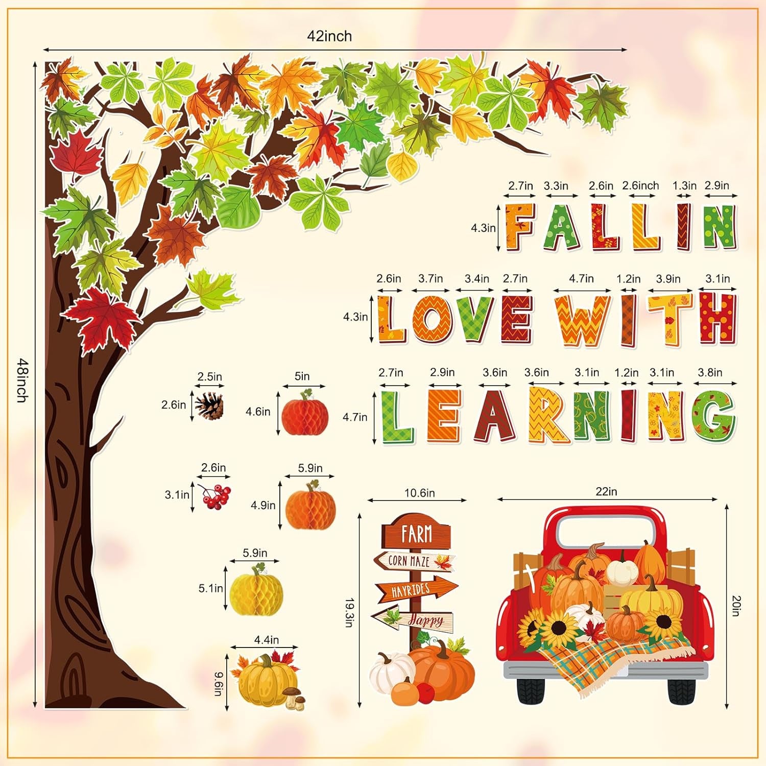 89Pcs Fall in Love with Learning Bulletin Board Decorations Set Fall Tree Pumpkin Maple Leaves Cutouts with Glue Points for Thanksgiving Autumn Home School Classroom Wall Chalkboard Decor