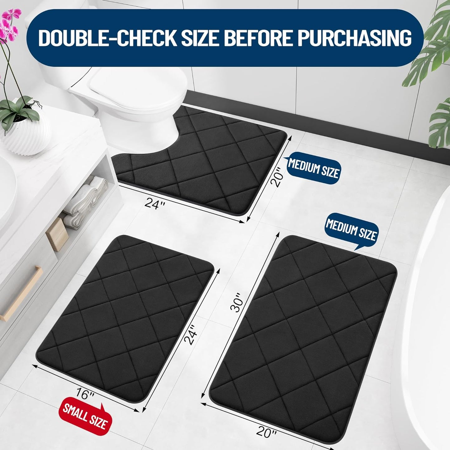 Memory Foam Toilet Rugs U-Shaped 24X20, Ultra Soft and Absorbent Bathroom Rugs, Machine Washable Quick Dry, Comfortable Bathroom Contour Bath Mats for Toilet Base, Black