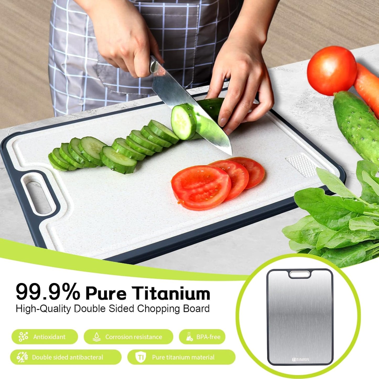 Titanium Cutting Board, Titanium Cutting Boards for Kitchen Food Grade Metal Meat Cutting Boards Non Toxic, Pure Cut Titanium & Wheat Straw PP Double Sided Chopping Board, Large 15.2”×10.5” (1 Pcs)