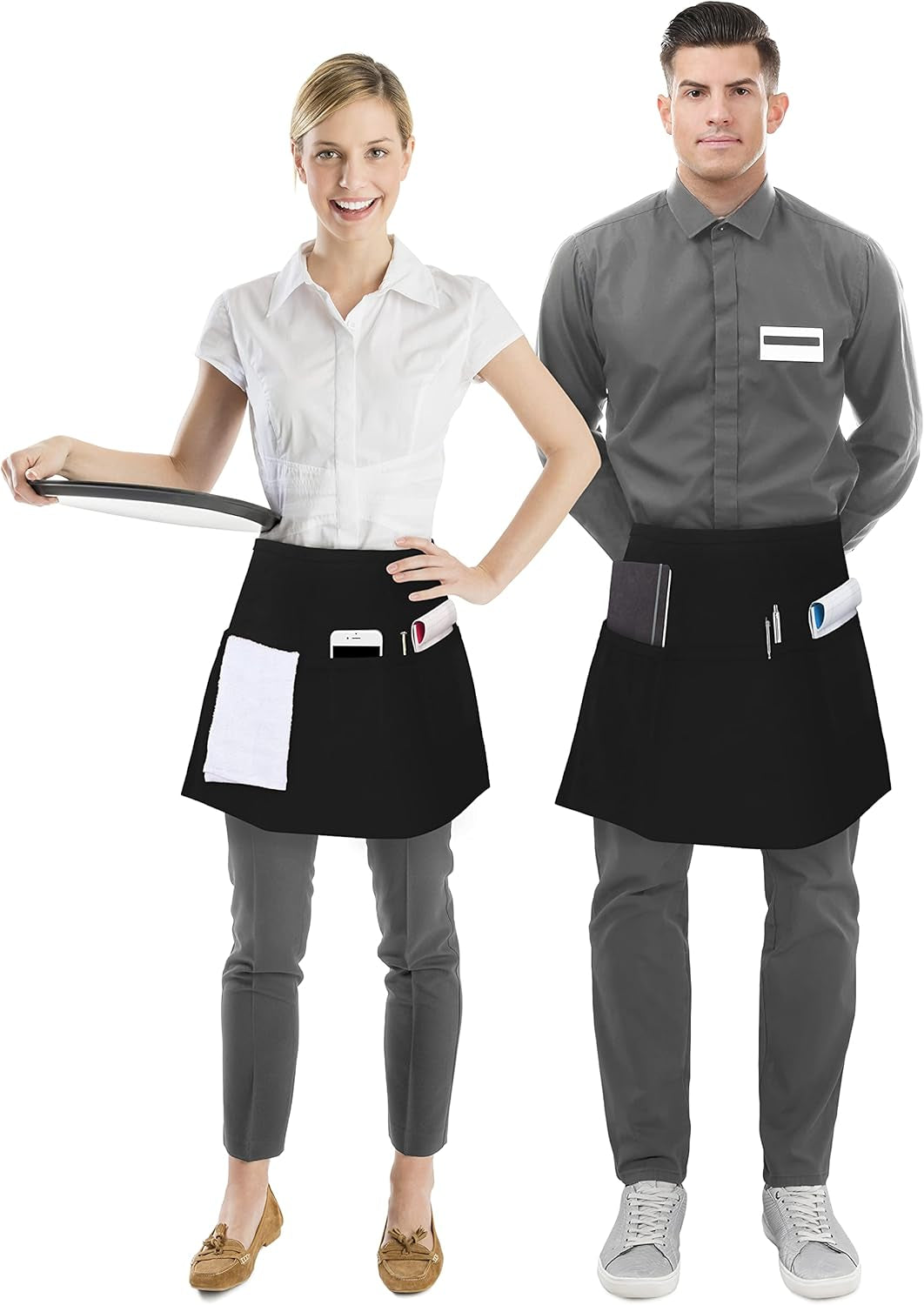 12 Pack Server Apron with 3 Pockets, Waist Apron for Waiter Waitress, 12 Inches