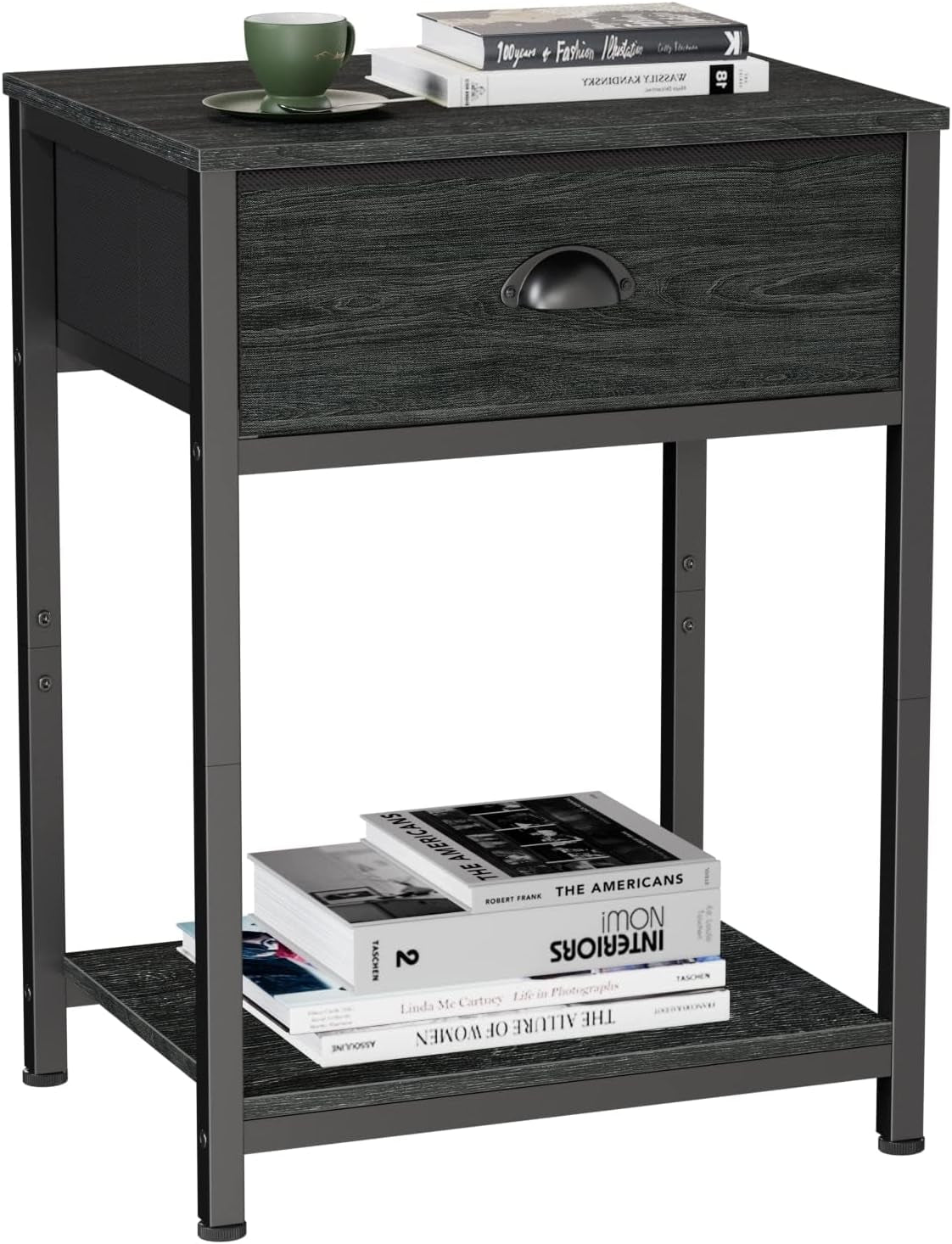 Nightstand with Fabric Drawer & Storage Shelf, Small Bedside Table Organizer for Small Space, 2 Tiers Industrial End Table, Side Table for Living Room, Bedroom, Black Oak