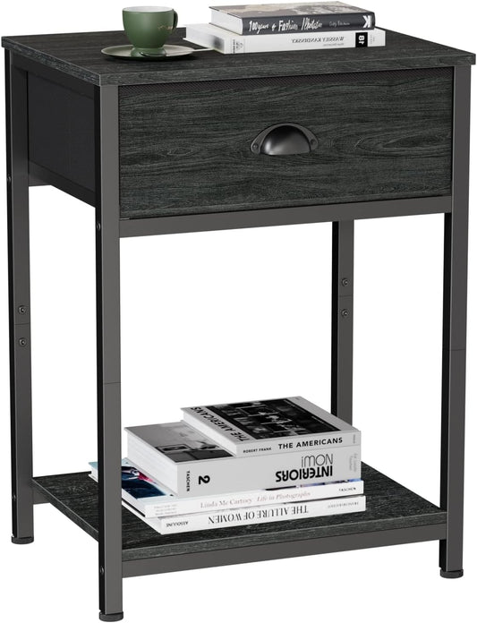 Nightstand with Fabric Drawer & Storage Shelf, Small Bedside Table Organizer for Small Space, 2 Tiers Industrial End Table, Side Table for Living Room, Bedroom, Black Oak