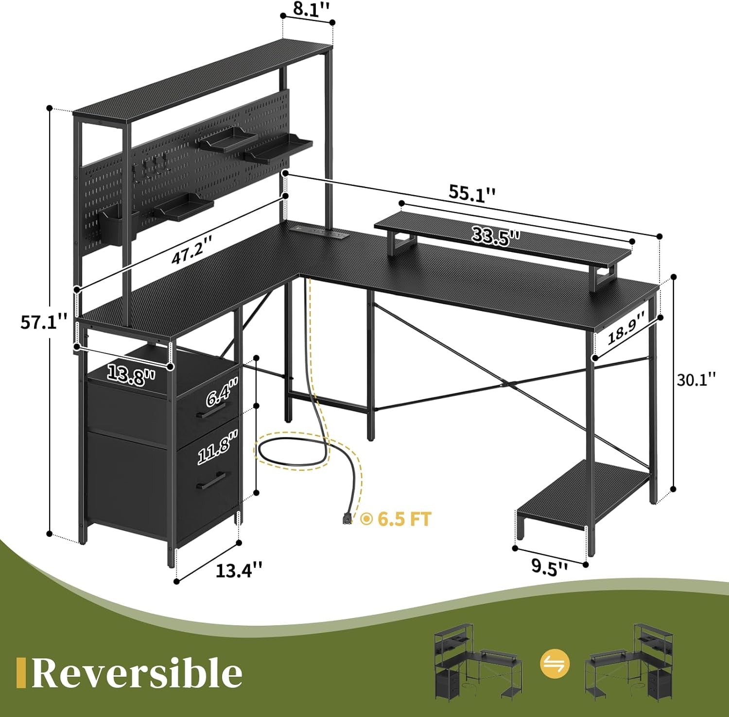 L Shaped Gaming Desk with Pegboard, Reversible Computer Desk with LED Lights & Power Outlets, Drawers & Storage Shelves, Home Office Desks