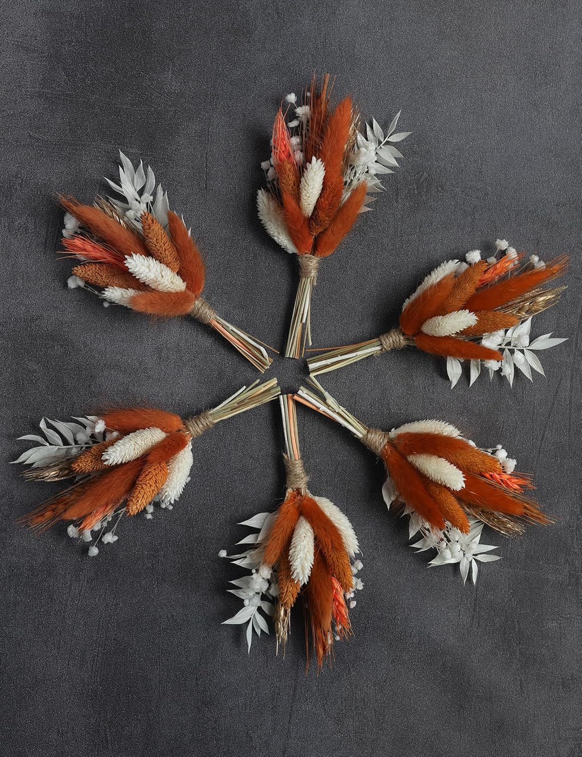Mini Dried Flower Bouquet (Pack of 6), Fall Dried Flower Bouquet, Boutonnieres for Groom and Groomsmen. (Orange)