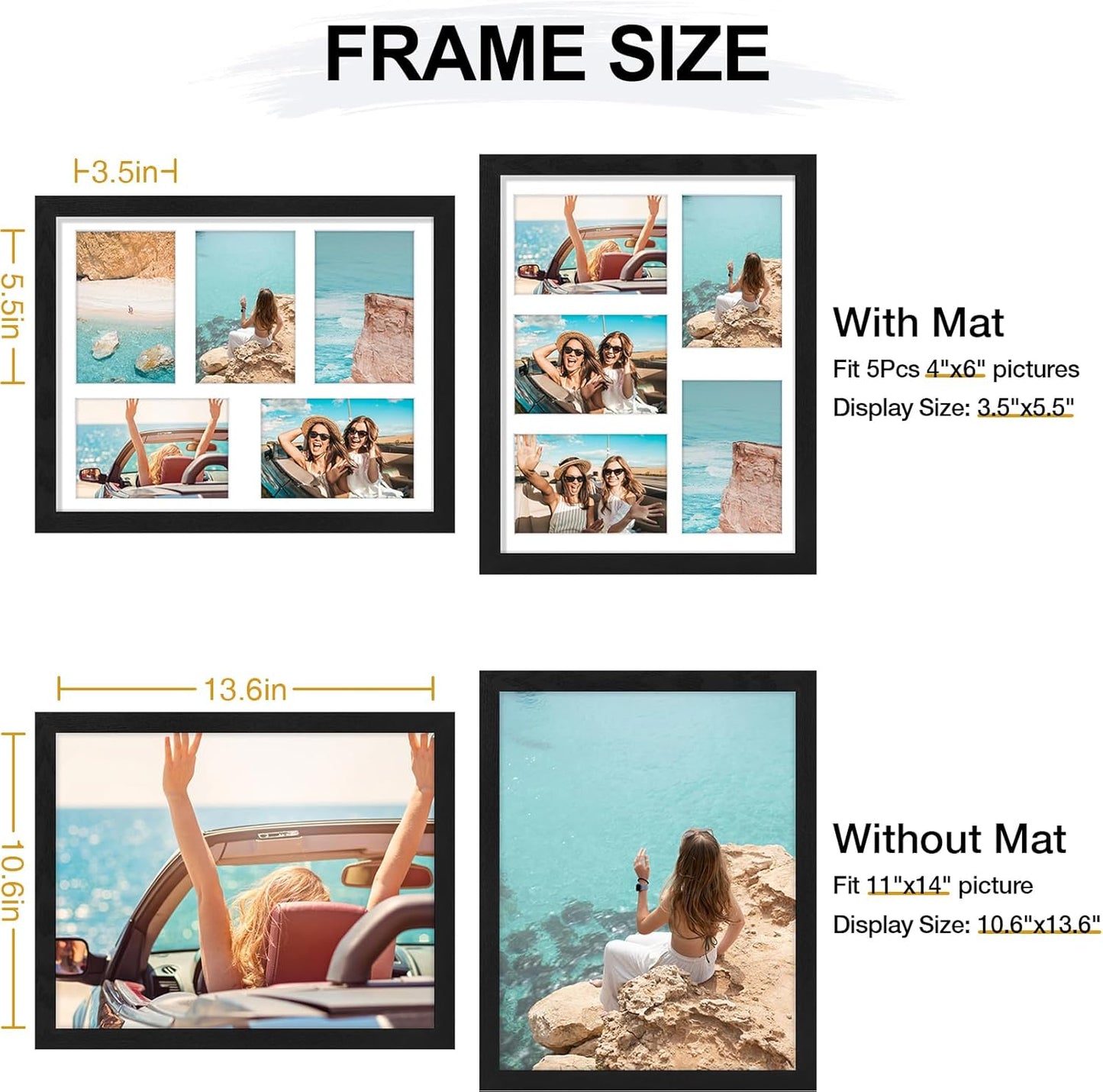 11X14 Collage Picture Frame, Displays 5Pcs 4X6 Pictures with Mat or 1Pcs 11X14 without Mat for Wall Mounting, Picture Frames Collage Wall Decor in Black, 1 Pack