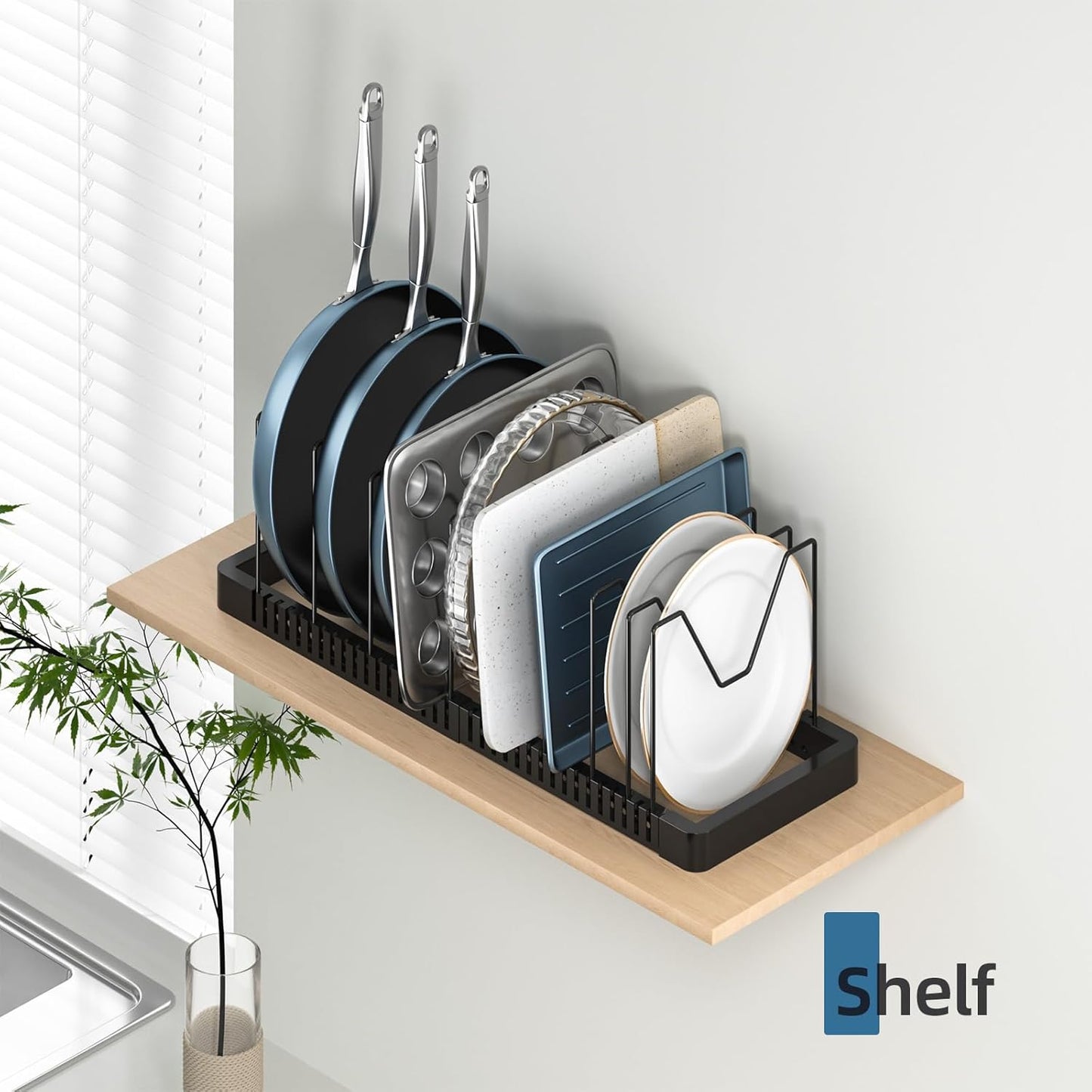 Pots and Pans Organizer Rack for Cabinet, Expandable Pot Lid Organizer Holder with 10 Adjustable Compartment, Kitchen Cabinet Organizer for Lids & Bakeware - Pantry & Countertop Storage Rack