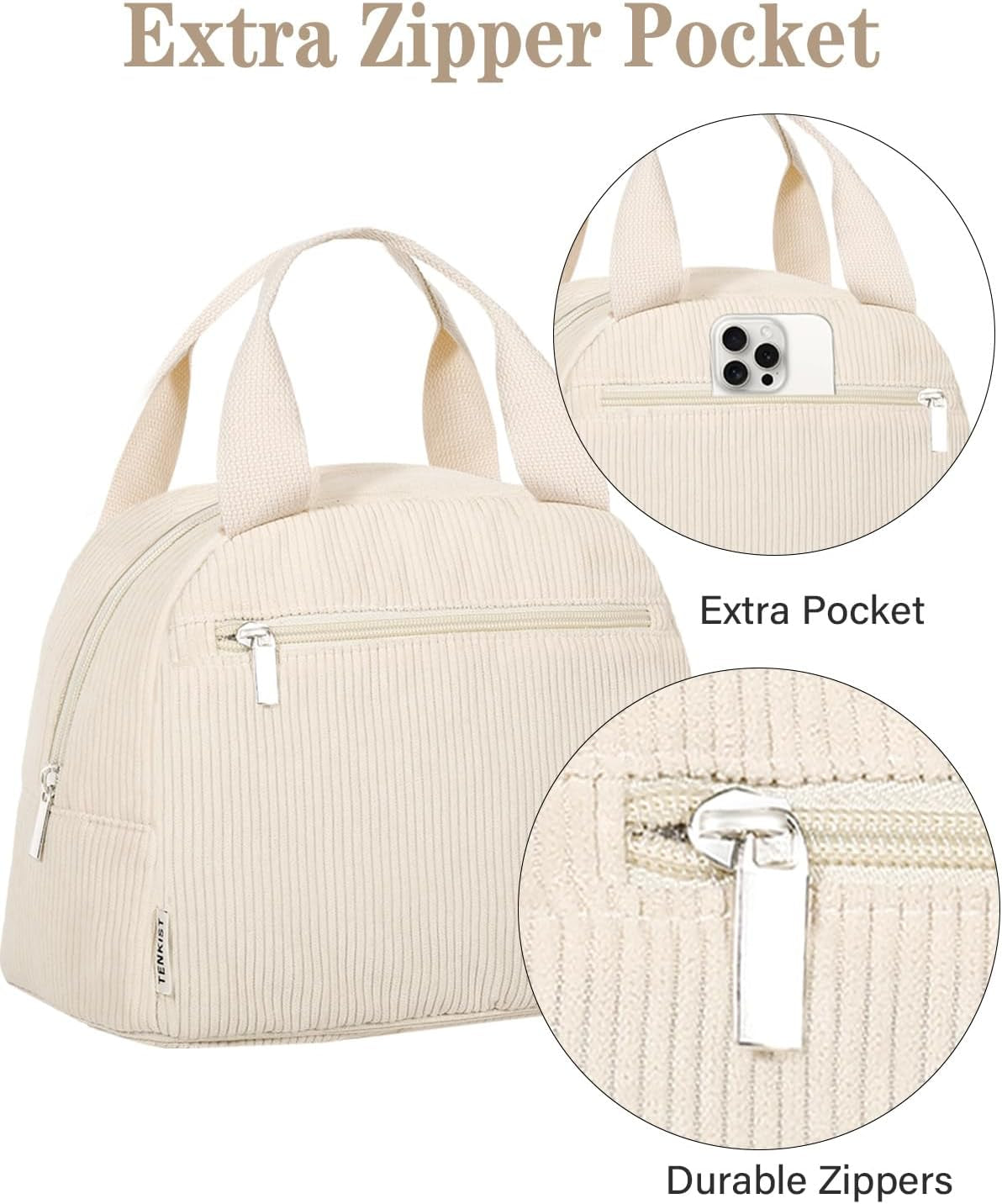 Cute Lunch Box Tote Bag - Corduroy Insulated Cooler Bags for Women - Lightweight Reusable Portable Soft Lunch Pail Kit for Kids Teen Girl Adults Work School Picnic Travel White 8L