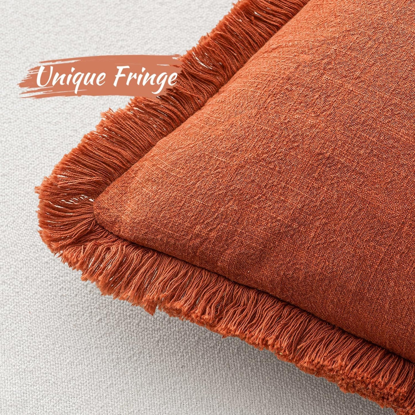 Fall Decorative Throw Pillow Covers Neutral Linen Fringe Throw Pillows Set of 2 Burnt Orange Boho Farmhouse Cushion Covers with Tassels for Couch Sofa Bed Living Room Home Decor 18X18 Inch