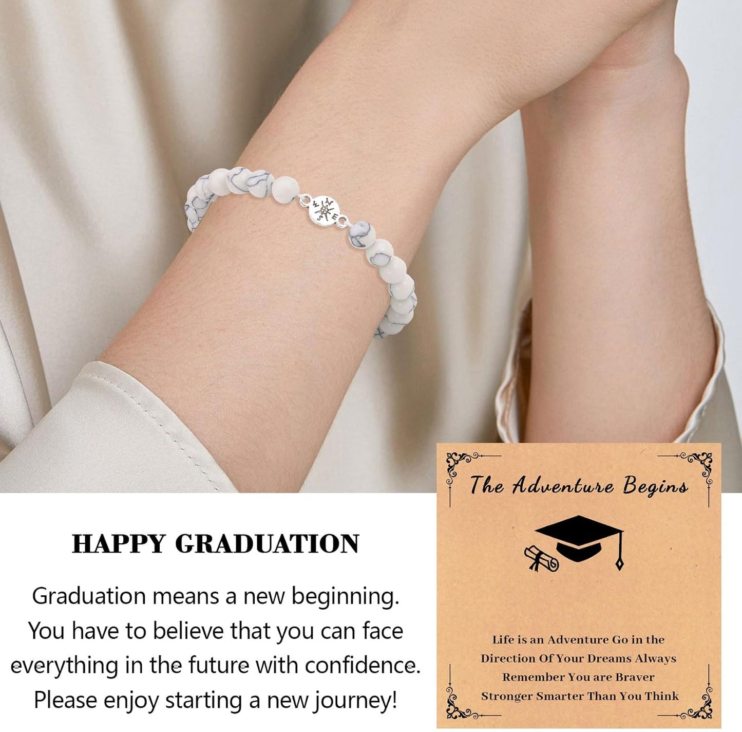 Graduation Compass Bracelets for Her Him,Graduation Gifts for Her,Natural Stone Beads Graduation Bracelet,College Graduation Gifts High School Graduation Gifts for Teen Girls