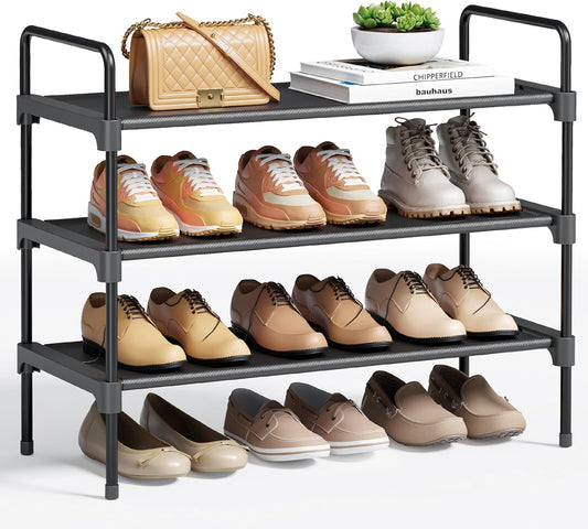 3-Tier Shoe Rack - Metal Shoe Organizer and Shoe Shelf with Handle, Easy-Assembly, Sturdy Shoe Rack for Closet, Entryway, Bedroom (Black, 27.6'' X 10.8'' X 22.6'')