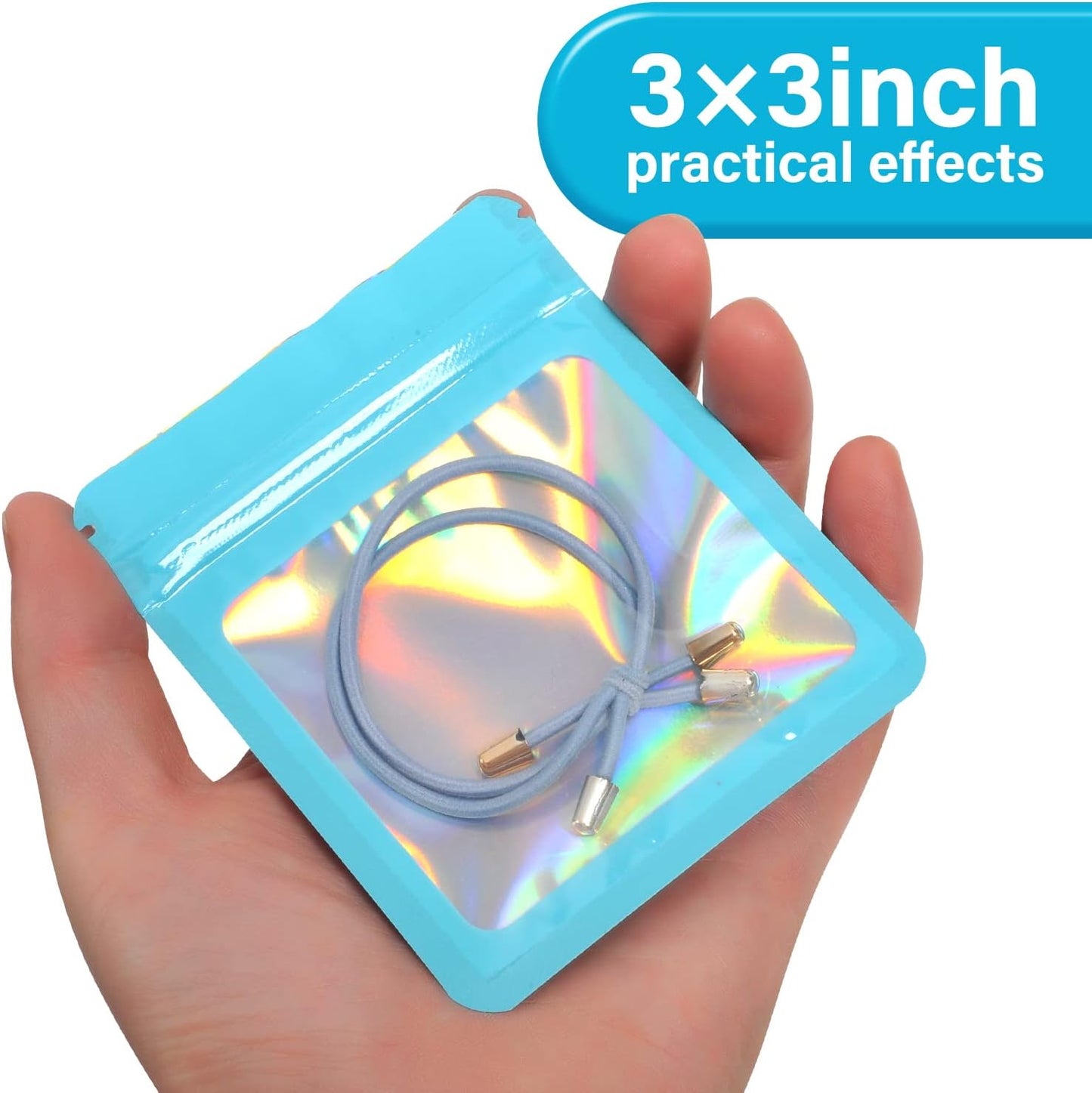 100-Pack Mylar Bags with Clear Window Holographic Resealable Sealable Packaging Zip Bag for Small Bussiness Jewelry Candy Sample Food Packing Supplies (3×3 Inch,Blue)