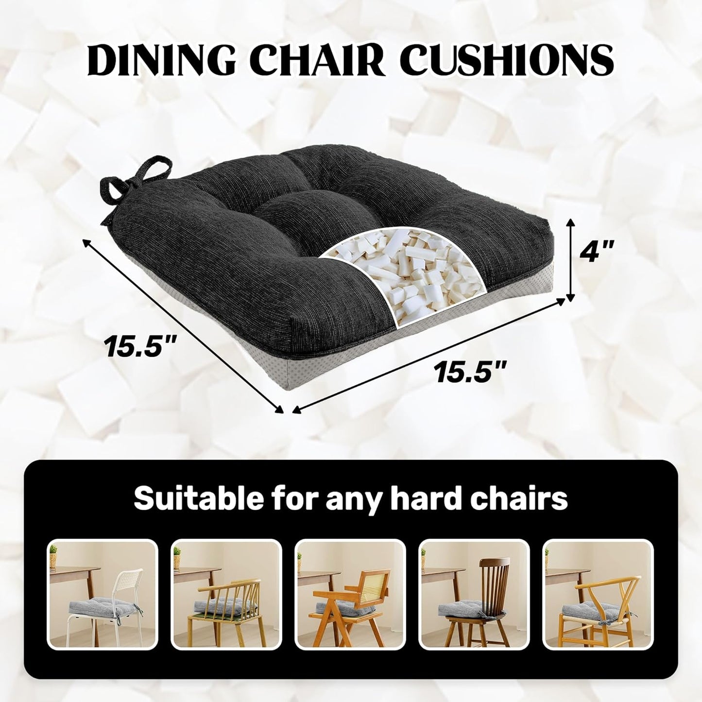 ® Chair Cushions for Dining Chairs, Tufted Memory Foam Chair Pads with Non-Slip Backing, Kitchen Seat Cushions with Ties, Washable Seat Pad Set of 4, 15.5" X 15.5" X 4", Black