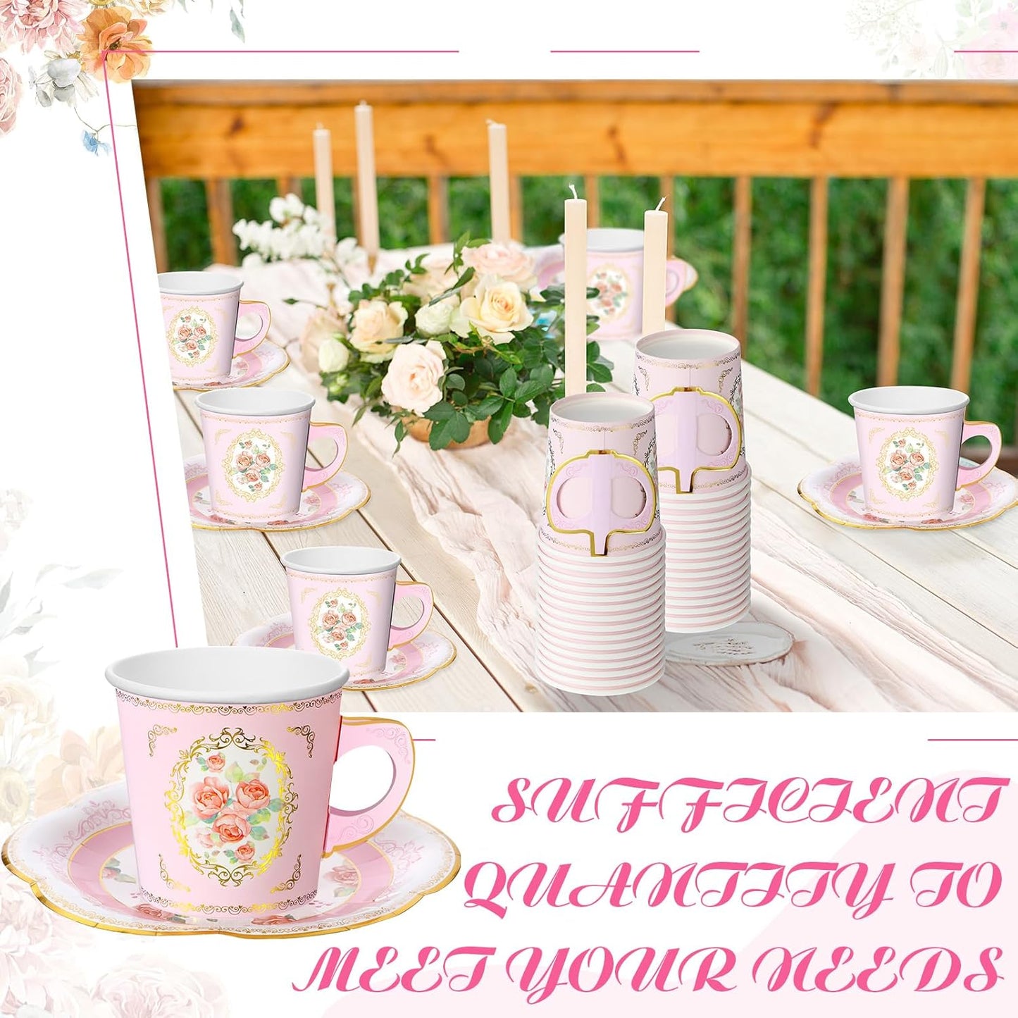 60 Sets of Floral Paper Tea Party Decorations - 6.5 Oz Disposable Teacups with Handles and Saucers for Hot and Cold Beverages - Pink Rustic Design for Birthday Celebrations