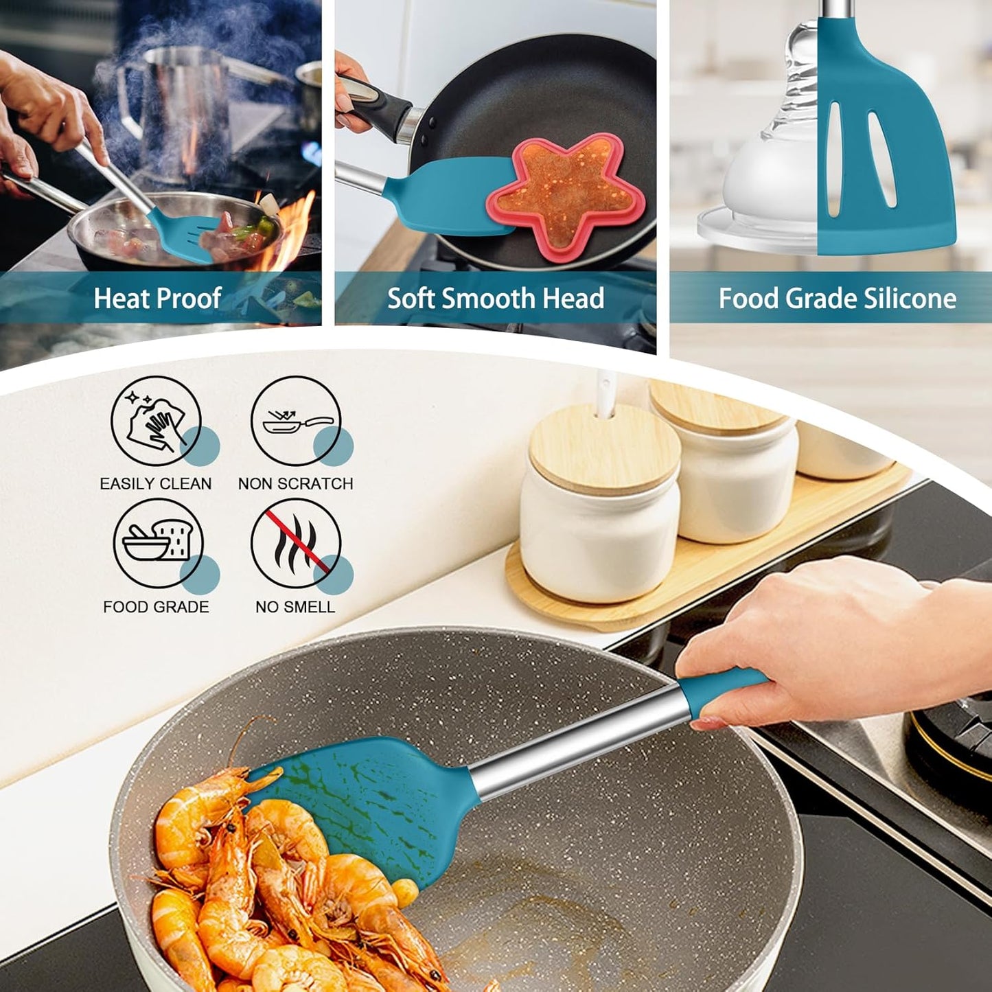 Silicone Cooking Utensils, 3 PCS Heatproof Kitchen Utensil Set for Flipping, Non-Stick Slotted & Solid Spatula Turner, Easy Clean & Non-Toxic, Blue