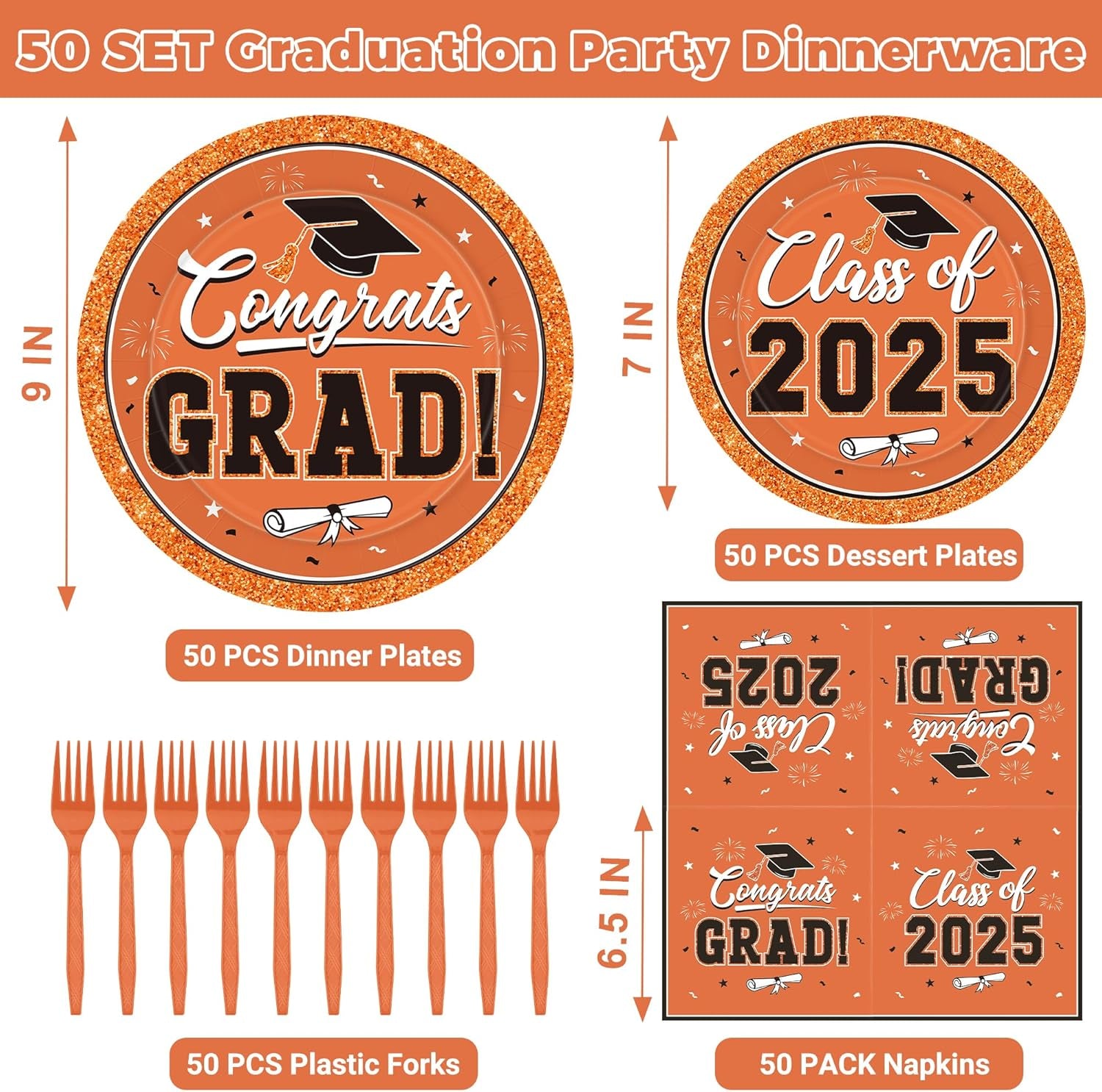 50 SET Graduation Plates and Napkins 2025 and Forks, Orange Grad Party Supplies, Disposable Orange Paper Plates and Grad Napkins, Graduation Table Decorations Class of 2025