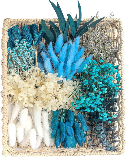 DIY Natural Dried Flower Set, Blue Large Package with Stem Flowers for Vases, Handmade Creative, Door Hanging Wreath, Table Centerpiece Mini Dried Flower Bouquet (Peacock Blue)