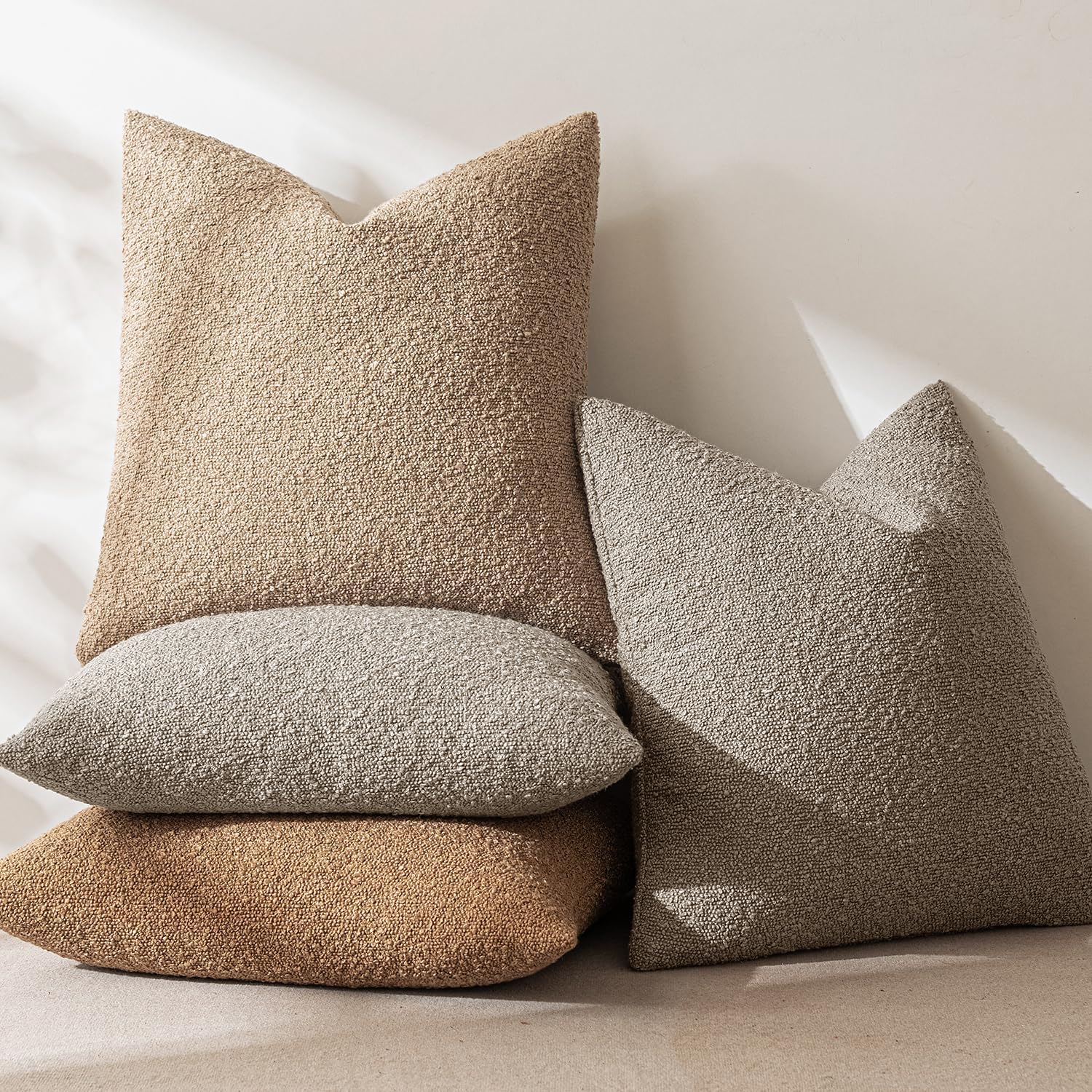 18X18 Inch Decorative Pillow Covers for Couch Bed Set of 2 Textured Boucle Neutral Throw Pillows Light Taupe Accent Solid Cushion Pillowcase Cozy Soft Sofa Livingroom Home Decor