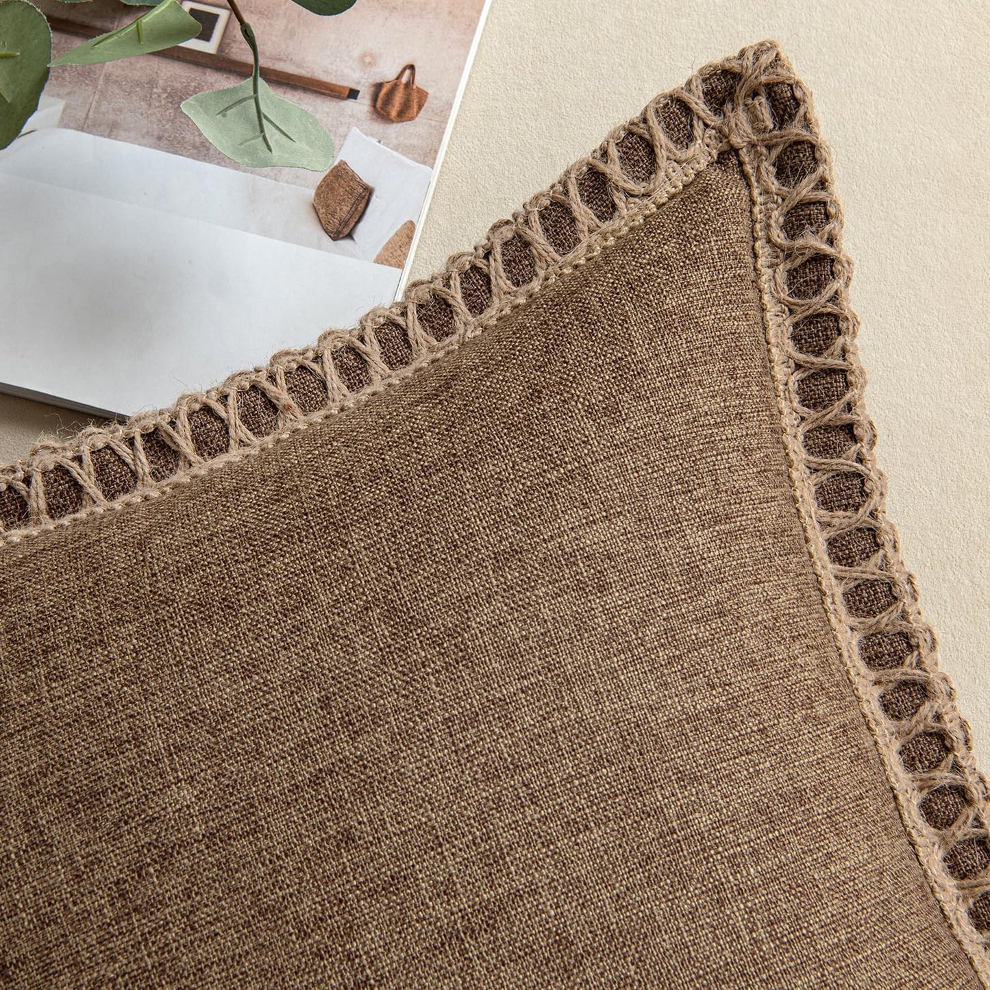 Pack of 2 Decorative Throw Pillow Covers Modern Farmhouse Outdoor Pillow Covers Neutral Linen Burlap Pillowcases Cushions for Couch Bed Living Room Sofa, Brown 18 X 18 Inches 45 X 45 Cm