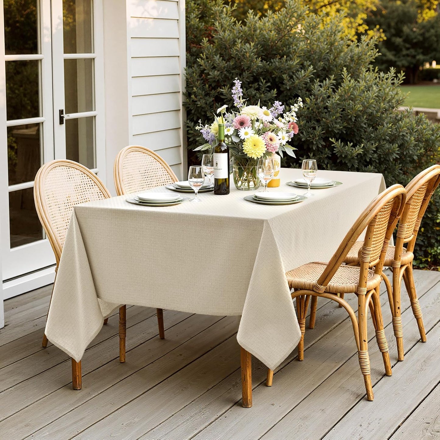 Natural Linen Cottton Table Cloth Rectangle Tablecloth Waterproof Spillproof Cross-Star Textured Table Cltoth Decorative Farmhouse Style for Dining Party Weddings 52X70 Inch