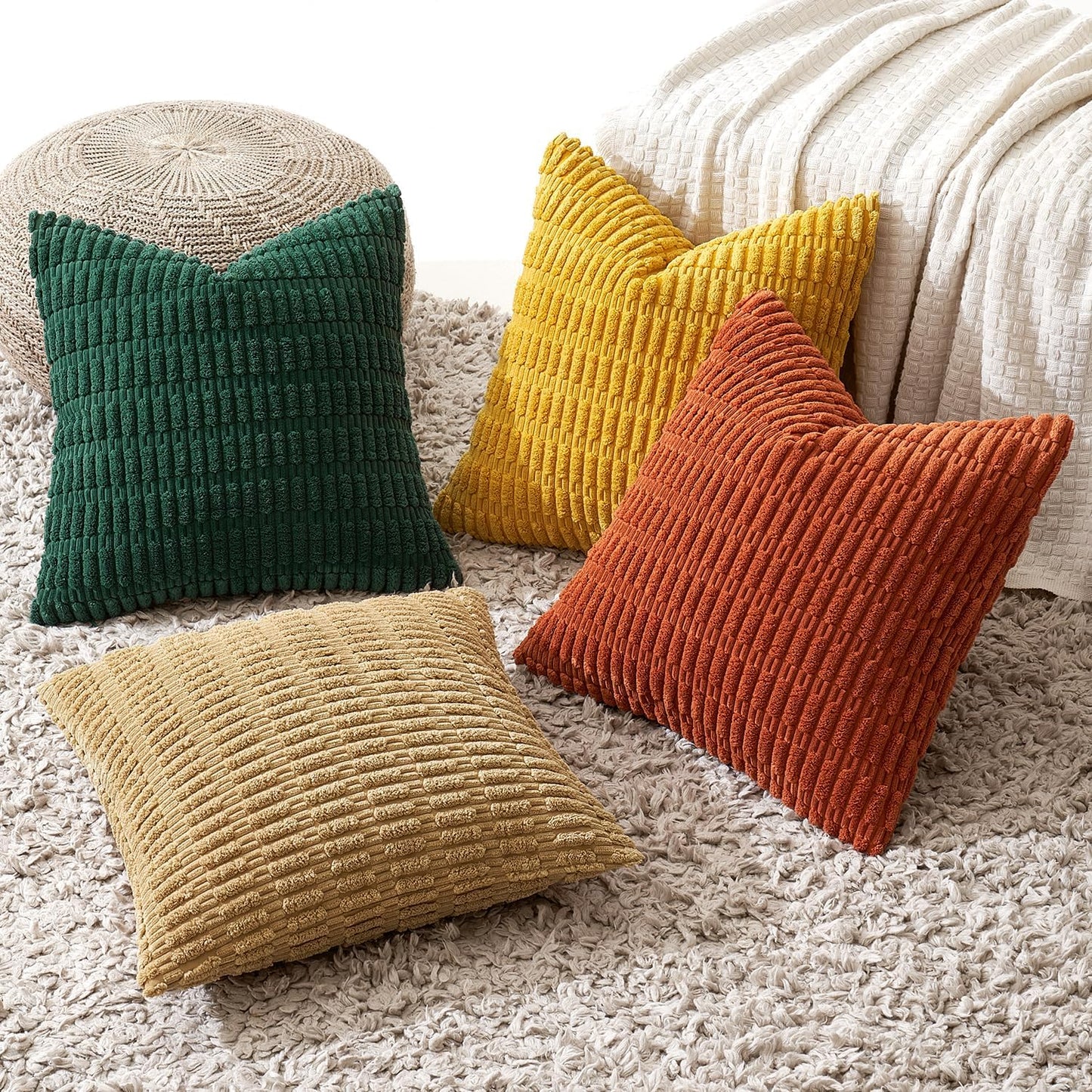 Pack of 4 Boho Farmhouse Yellow and Orange Corduroy Decorative Throw Pillow Covers 18X18 Inch Modern Retro Soft Striped Pillow Covers Home Decor for Sofa Living Room Couch Bed