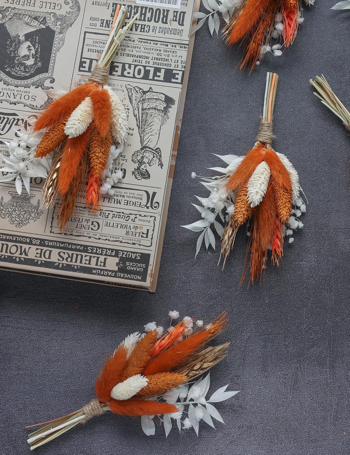 Mini Dried Flower Bouquet (Pack of 6), Fall Dried Flower Bouquet, Boutonnieres for Groom and Groomsmen. (Orange)
