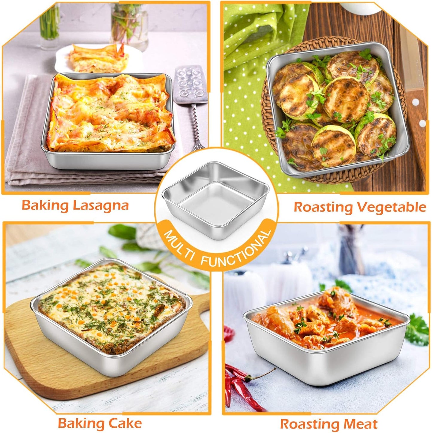 Square Baking Cake Pans, Small Stainless Steel Lasagna Brownie Pan for Birthday Cake Bread Pie, Non-Toxic & Durable, Smooth Rim & Leakproof, Oven & Dishwasher Safe, 6 Inch & 4 Pcs