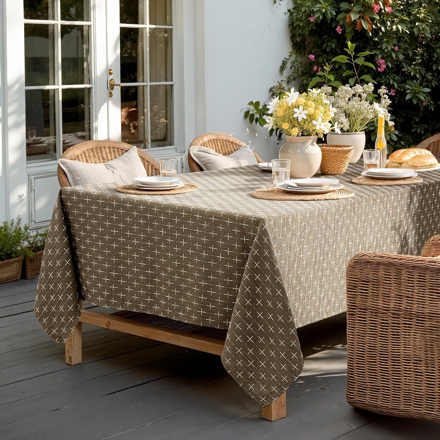 Taupe Linen Table Cloth Rectangle Tablecloth Waterproof Spillproof Cross-Star Textured Table Cloth, Decorative Rustic Farmhouse Style for Dining/Party/Buffet/Wedding,52X70 Inch