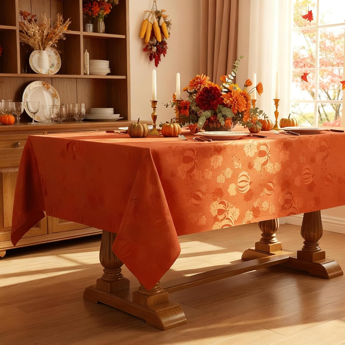 Rectangle Thanksgiving Tablecloth, 60X84 Inch Fall Waterproof Damask Table Cloth, Autumn Leaves Fabric Jacquard Table Covers for Harvest Parties, and Holiday Dinner, Terracotta/Rust
