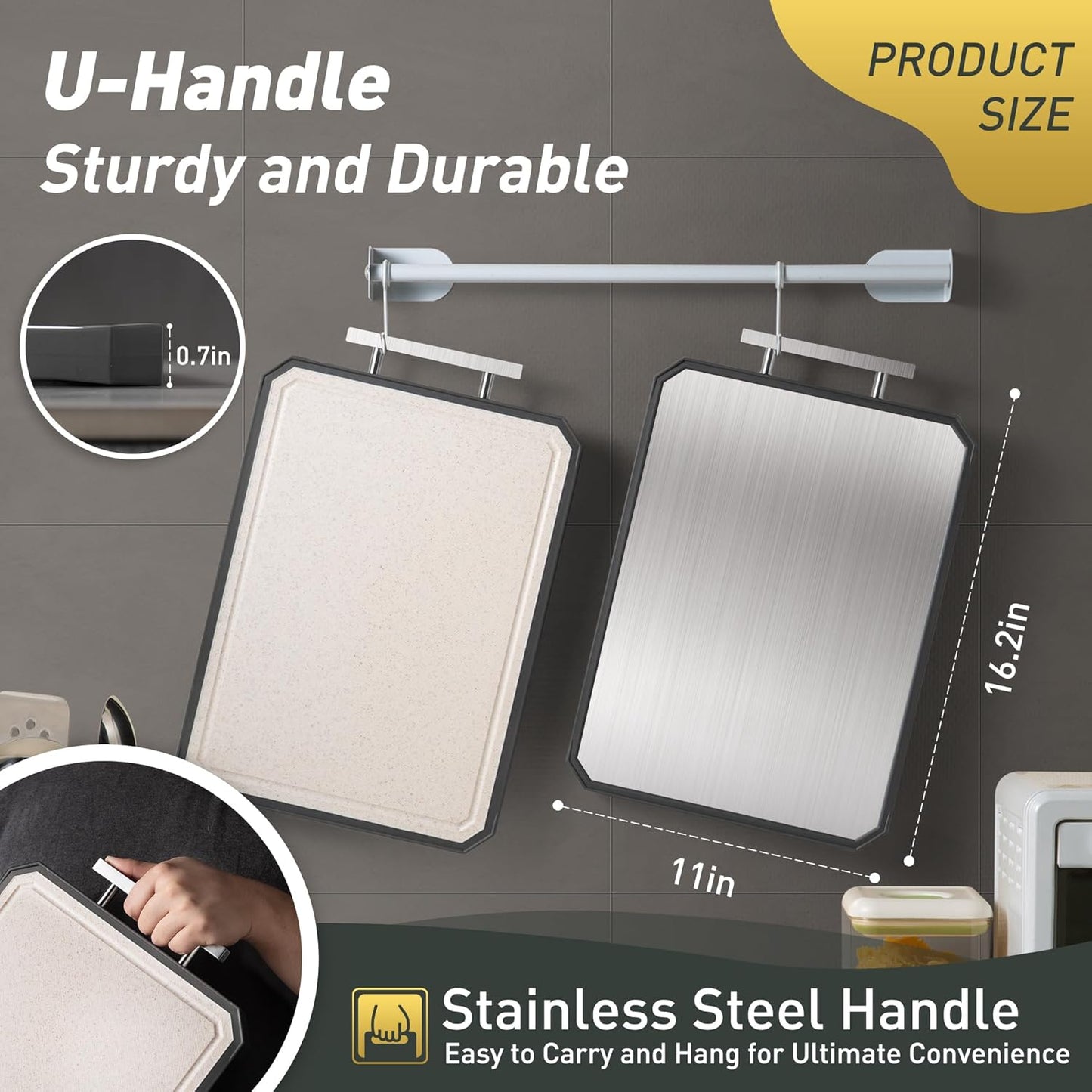 2 in 1 Stainless Steel Cutting Board with Handle Chopping Large Big Small Metal Carving Kitchen Meat Butcher Block Not Titanium Wood Bamboo Glass Marble Stone Rubber Plastic Silicone Acrylic Teak Sink