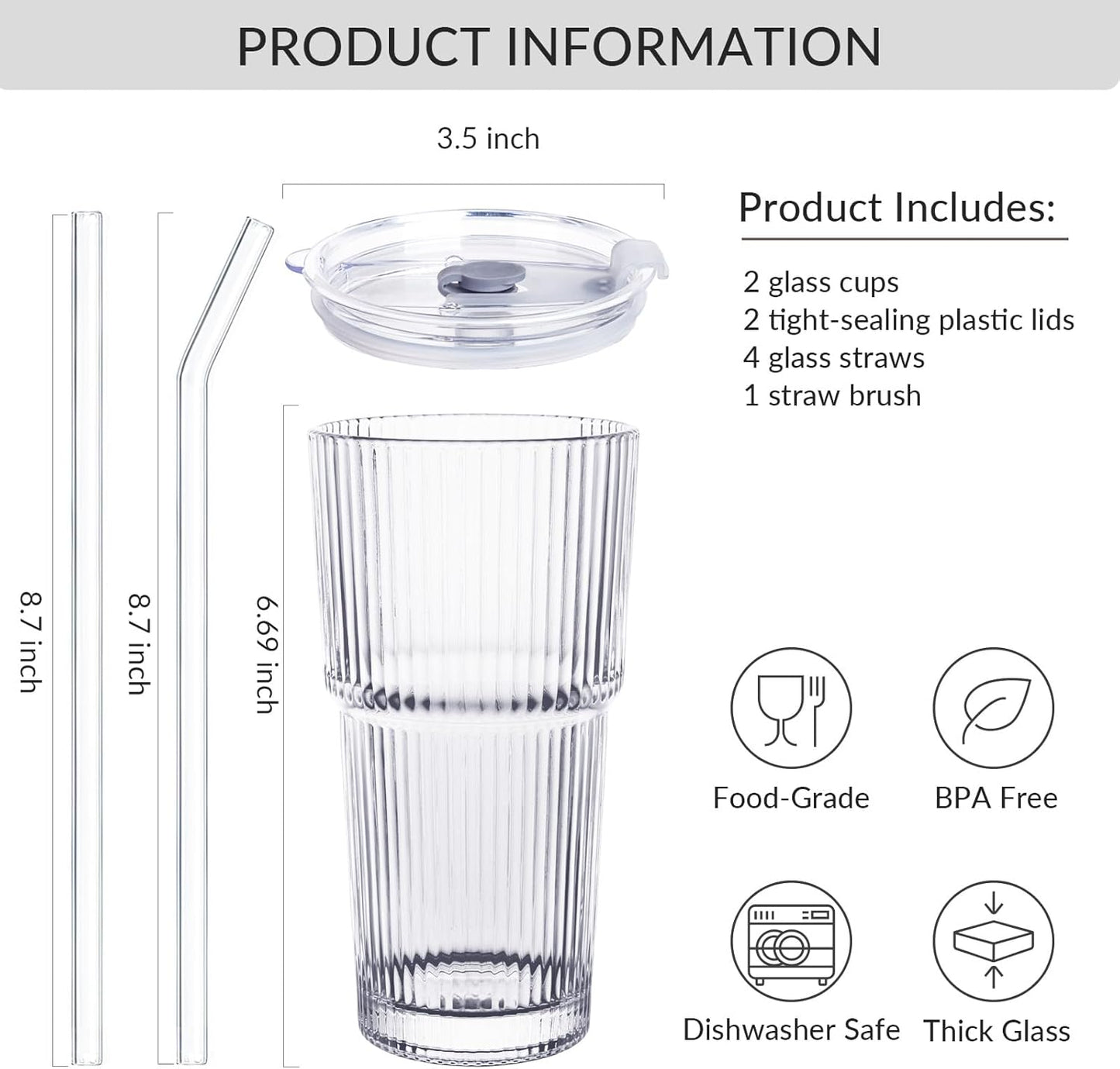2 Pack 20Oz Glass Cups with Lids and Straws, Vintage Ribbed Glassware for Whiskey Cocktail Beer, Mason Jar Drinking Glasses Tumbler Iced Coffee Cup