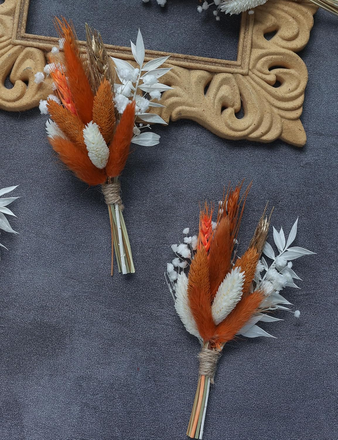 Mini Dried Flower Bouquet (Pack of 6), Fall Dried Flower Bouquet, Boutonnieres for Groom and Groomsmen. (Orange)