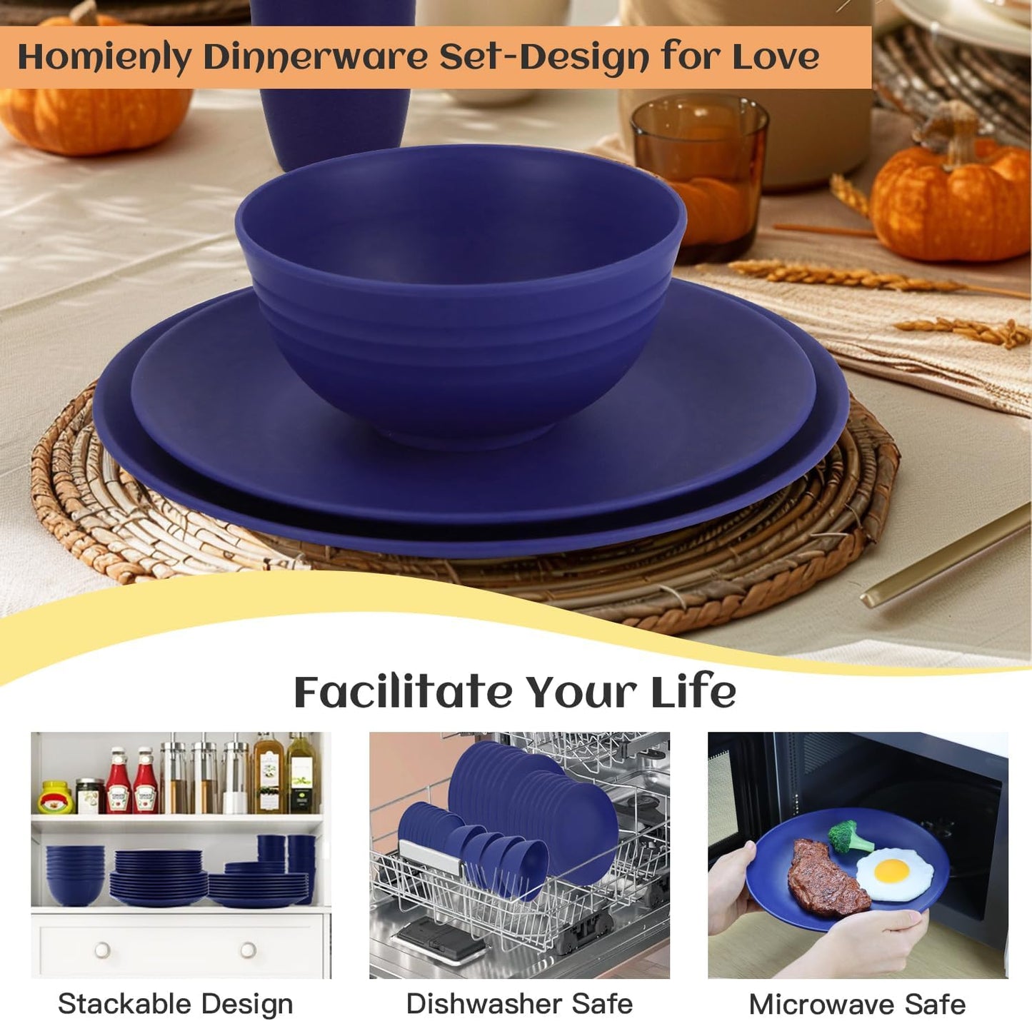 Wheat Straw Dinnerware Set for 8 - 40 Pieces Including Dinner Plates, Cups, and Pasta Bowls - Microwave Safe - Blue