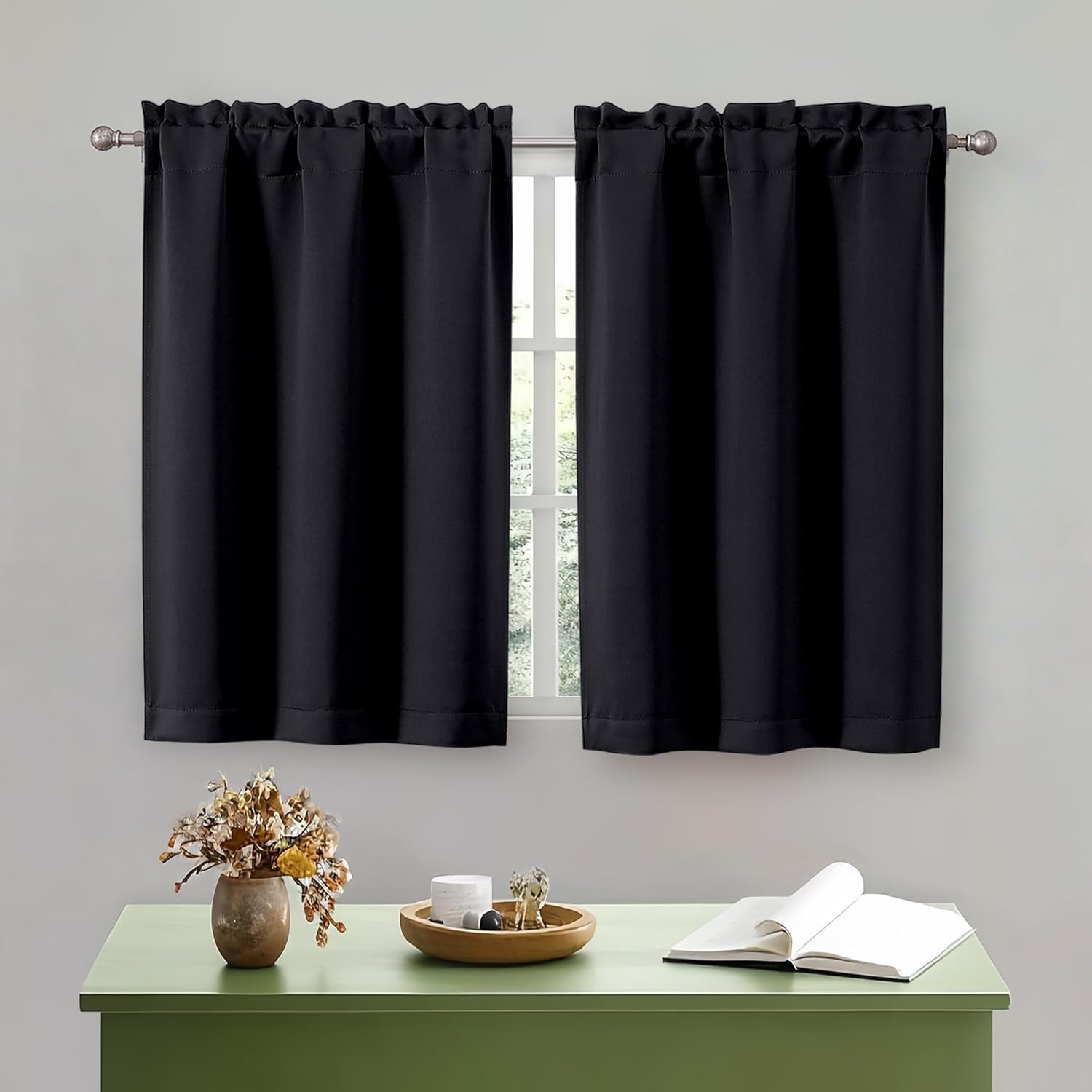 Black Kitchen Curtains 36 Inch Length, Short Blackout Small Thermal Insulated Curtains Tier over Sink Rod Pocket Half Window for Bathroom Bedroom Camper RV Bunk, 2 Panels, Each 30" Wx36 L